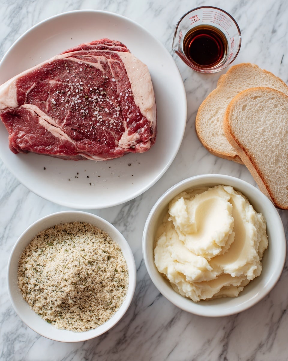 The image shows five separate photos of cooking ingredients on a white marbled surface. The largest photo on the left features a raw red meat steak with marbled fat, sprinkled with coarse salt and black pepper, placed on a white plate. On the right side, from top to bottom, there is a white plate with two slices of light brown bread, a white bowl of creamy, smooth mashed potatoes with a pale yellow tone, a white bowl filled with a coarse, crumbly dry mixture of herbs and breadcrumbs in shades of beige and green, and a glass measuring cup with a dark brown liquid inside. Photo taken with an iphone --ar 4:5 --v 7