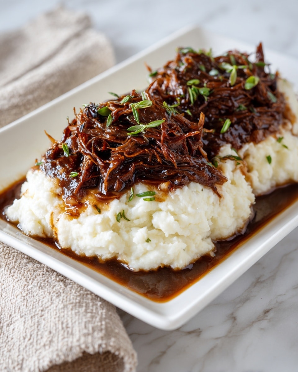 The dish shows two main layers on a white rectangular plate placed on a white marbled surface. The bottom layer is a creamy white mash with a fluffy texture. On top, there is a thick layer of dark brown shredded meat that looks tender, covered with a glossy brown sauce. Small green herb pieces are scattered lightly both on the meat and plate edges. The corner of a beige textured fabric napkin appears in the top left part of the image. photo taken with an iphone --ar 4:5 --v 7