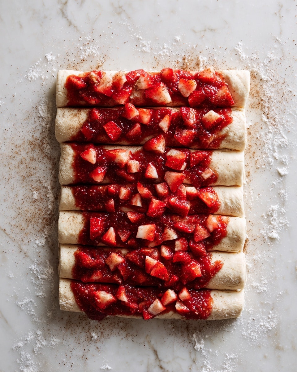 A piece of dough is rolled out flat on a white marbled surface, with a layer of red strawberry jam spread unevenly on top. Small, bright red diced strawberries are scattered over the jam, along with a light sprinkling of cinnamon that adds a brownish texture across the surface. The dough is sliced into twelve long, narrow strips running vertically, and one end is rolled up tightly into a small, smooth cylinder. The dough looks soft and slightly dusted with flour, while the jam and fruit give a fresh, juicy contrast. Photo taken with an iphone --ar 4:5 --v 7