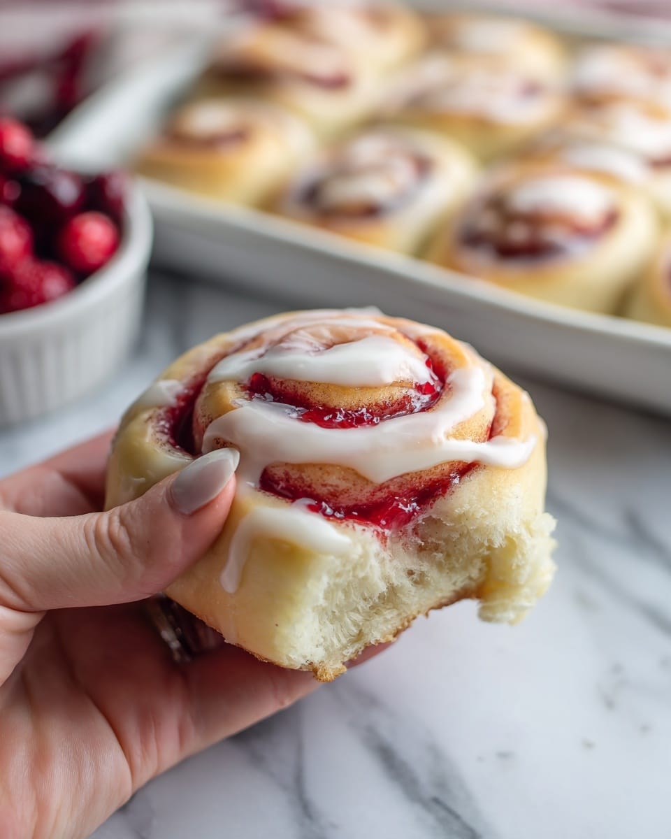 A close-up image of a single cinnamon roll held by a woman's hand showing a bit taken out of it. The roll has three main layers: a soft, light golden dough base, a bright red swirl layer of strawberry or raspberry filling, and a thick, smooth white icing drizzled over the top in a flowing pattern. In the background, more similar cinnamon rolls sit aligned in a white pan, on a white marbled surface, with a blurred bowl of red berries in the distance. Photo taken with an iphone --ar 4:5 --v 7