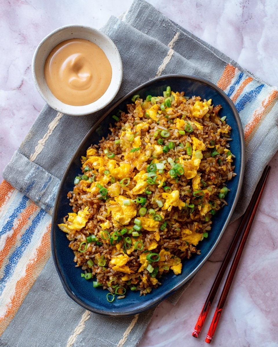 A dark blue oval plate holds two layers: the bottom layer is fried rice with a dark brown color and slightly crispy texture, mixed with the second layer of bright yellow scrambled eggs scattered evenly. Small pieces of green chopped scallions are sprinkled on top, adding a fresh touch. To the upper left of the plate, there is a small white bowl filled with a smooth beige dipping sauce. The plate and bowl are placed on a soft gray cloth with thin stripes in blue, orange, and white, all resting on a white marbled surface. A pair of dark wooden chopsticks with red tips lies near the bottom right edge, partially on the cloth. photo taken with an iphone --ar 4:5 --v 7