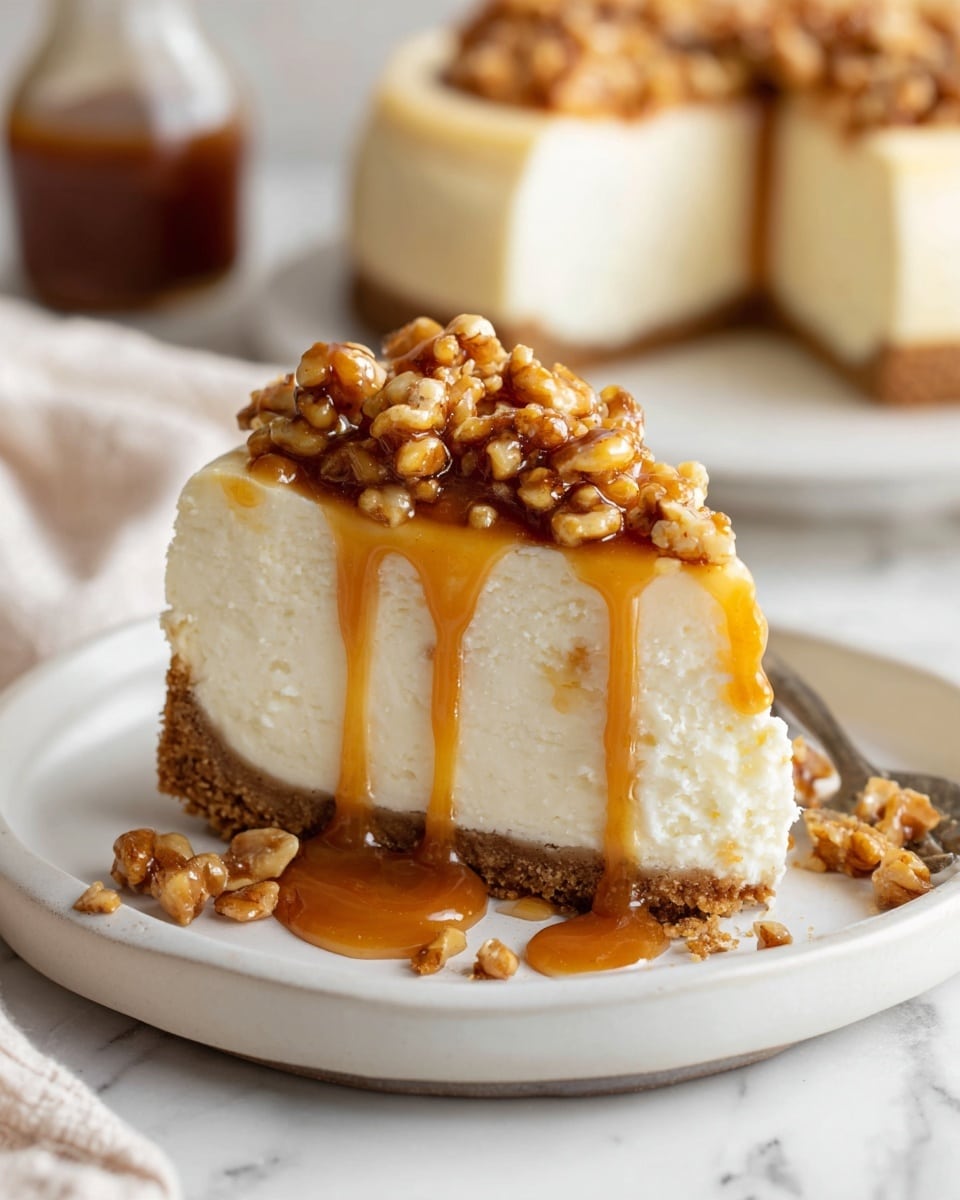 The image shows a three-layer round dessert with a crumbly light brown base layer, a thick middle layer of smooth, creamy white filling, and a top layer of glossy caramel mixed with chopped pecans spread evenly. The cake is presented on a white plate, sitting on a wooden serving board, with some crumbs scattered around. The white marbled background adds a clean and bright look, with the focus clearly on the rich textures of the pecan topping and creamy middle layer. Photo taken with an iphone --ar 4:5 --v 7