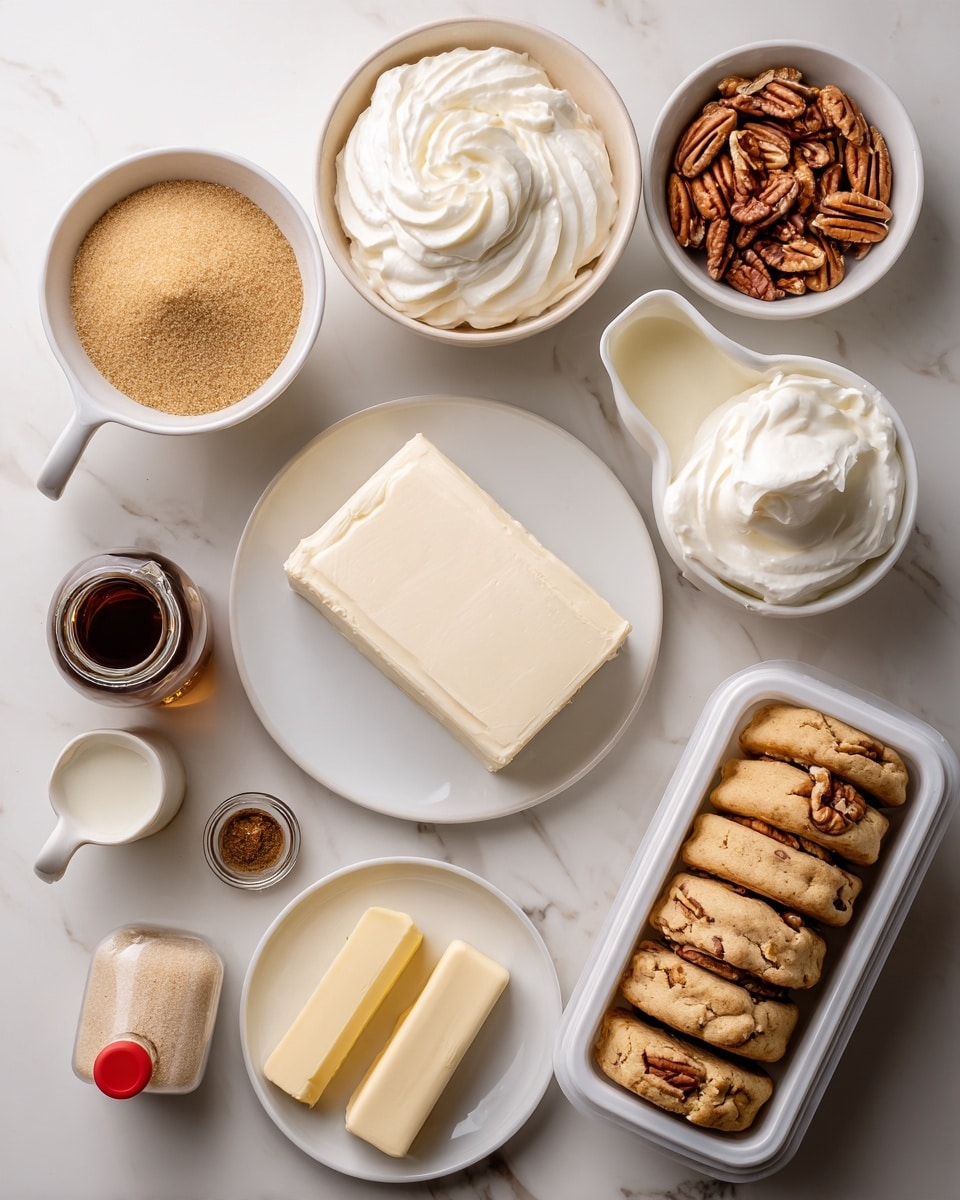 The image shows several ingredients arranged on a white marbled surface. At the top left, four brown eggs rest in a carton. Below them is a small glass bowl with light brown sugar labeled