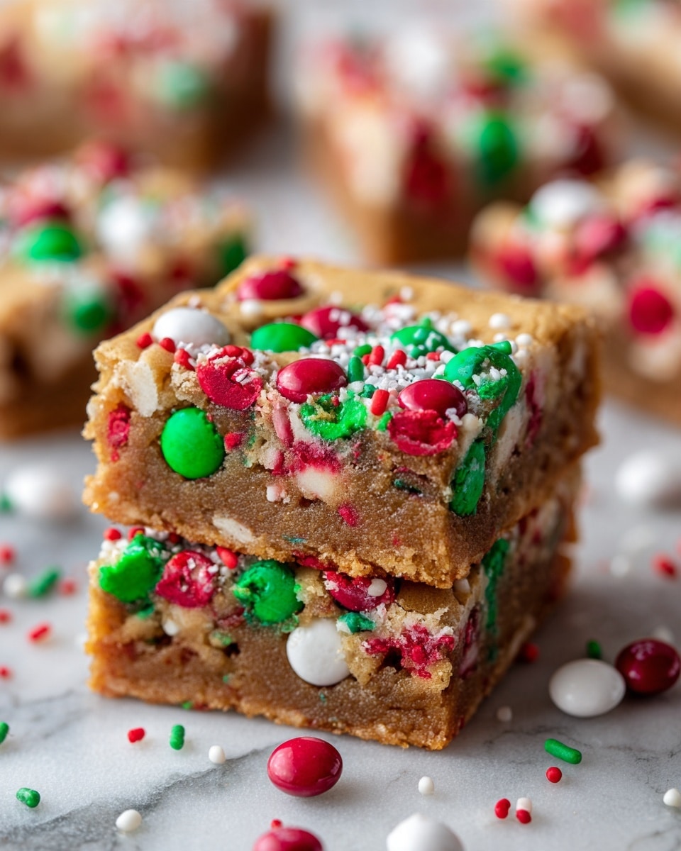 The image shows a close-up of a Christmas cookie bar with two layers. The base layer is a thick, soft, light brown cookie that looks chewy and slightly textured. On top, the cookie bar is packed with colorful red, green, and white M&M-like candies and round sprinkles scattered inside and on top, with some cut-out sections showing the dense cookie beneath. The whole bar sits on a white marbled surface with some extra sprinkles around it. The background is softly blurred with more cookie bars visible. Photo taken with an iphone --ar 4:5 --v 7