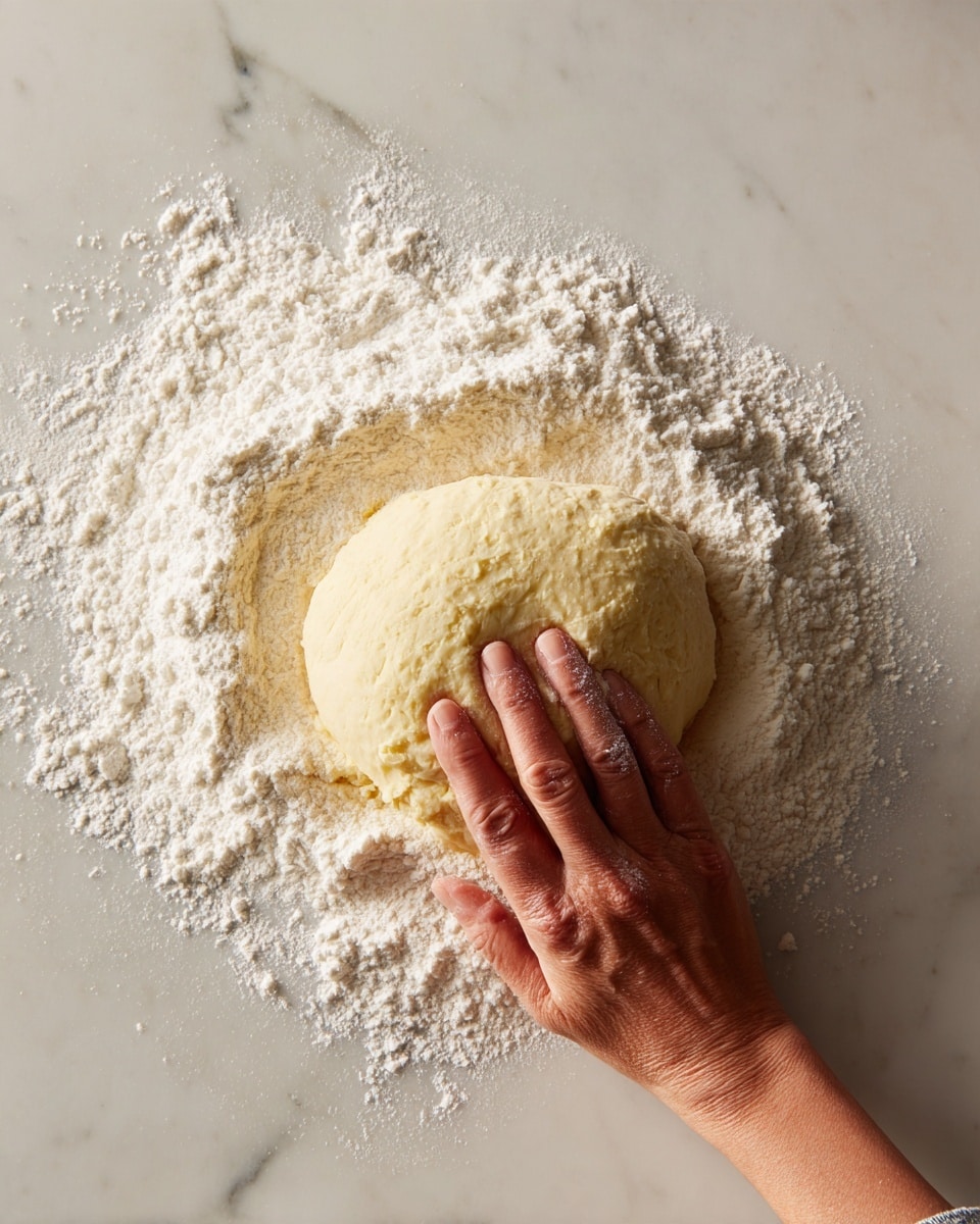 In the left part of the image, there is a clear round bowl with thick light yellow dough at the bottom, covered with a large layer of white flour on top. To the right side of the image, a woman's hand is pressing down on a smooth, pale yellow dough roll with a soft texture on a white marbled surface. The dough looks fresh and slightly dusted with white flour. Photo taken with an iphone --ar 4:5 --v 7