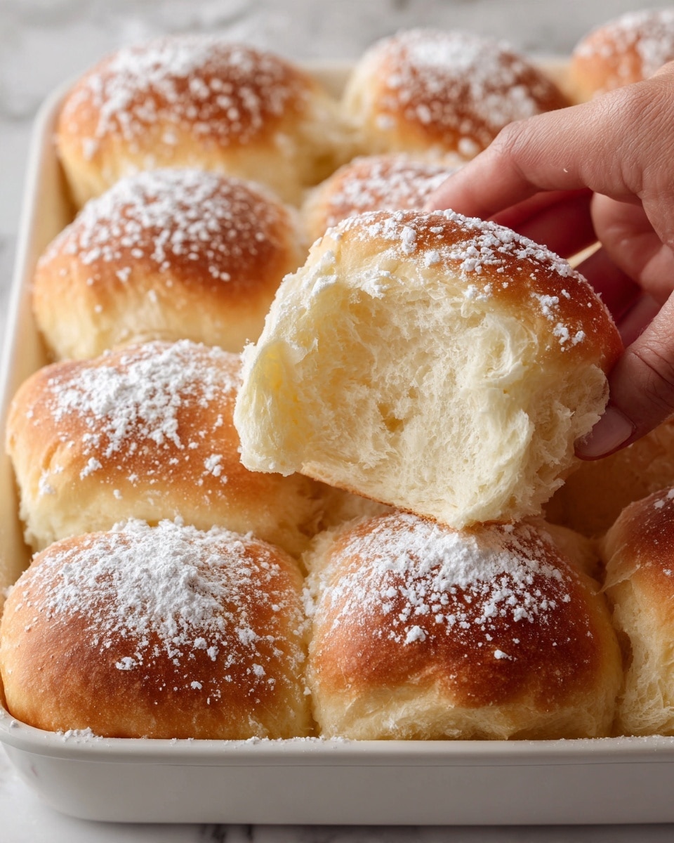 The image shows a close-up view of several soft golden bread rolls in a white tray. The rolls have a light dusting of powdered sugar on top, giving them a delicate white texture. The rolls are puffed and layered closely together, with a smooth and slightly shiny surface. In the second part of the image, a woman's hand is pulling apart one bread roll, revealing the light, fluffy, and airy inside with small pockets of air, showing its soft texture. The background is a white marbled surface. photo taken with an iphone --ar 4:5 --v 7
