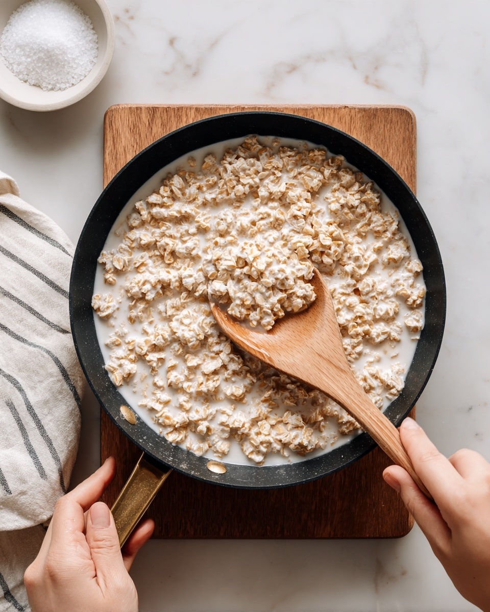 A close-up view of a black pan with cooked oatmeal mixed with milk inside, showing clusters of soft brown oats and light cream liquid. A woman's hand holds a wooden spoon stirring the oats on the right side, while another woman's hand rests gently on the left edge of the pan. The pan sits on a wooden board placed on a white marbled surface. In the top left corner, there is a white dish with white salt, and a white cloth with dark thin stripes rests behind the pan. Photo taken with an iphone --ar 4:5 --v 7