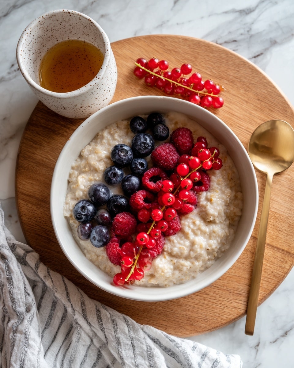 A white bowl filled with creamy oatmeal that is light beige in color and slightly textured, sitting on a wooden board. On top of the oatmeal, there are three layers of berries: a row of dark blue blueberries, a few bright red raspberries, and a small bunch of bright red currants with stems, arranged horizontally near the center. To the left of the bowl, there is a small white cup with a speckled pattern, containing light brown syrup or honey. Below the bowl, there is a golden spoon resting on a white marbled surface with a soft pattern. A white cloth with gray stripes is placed in the upper left corner of the image. photo taken with an iphone --ar 4:5 --v 7