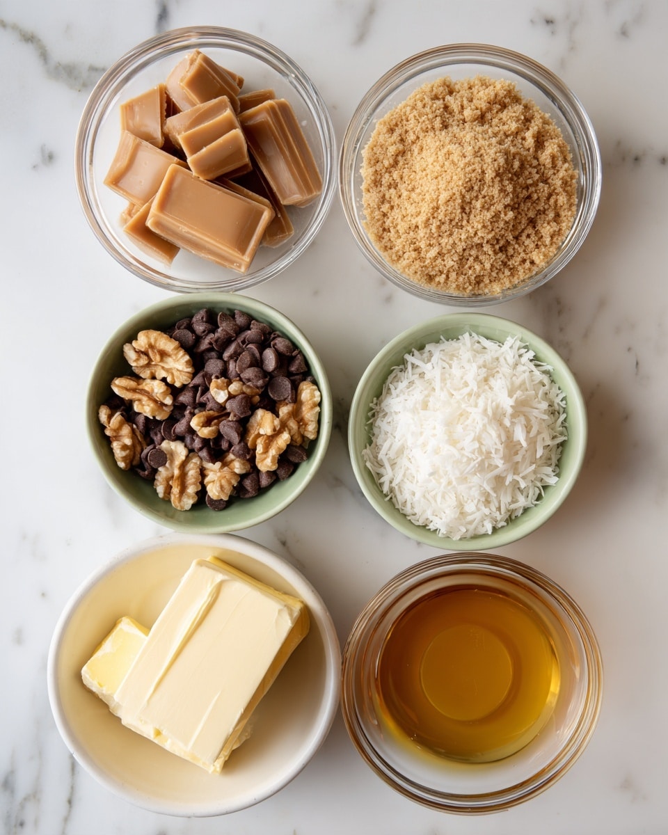The image shows six small clear glass bowls and one white bowl, each filled with different ingredients, all arranged on a white marbled surface. Starting from the top and moving clockwise, the first bowl contains smooth, light brown butterscotch chips; next is a bowl filled with finely crushed light tan graham cracker crumbs evenly spread out; below it is a white bowl holding chopped walnuts in uneven bits with a natural wood-like color; below that is a glass bowl filled with thick, pale yellow sweetened condensed milk; next to it is a small green bowl filled with shredded coconut, white and slightly fluffy in texture; above that sits a glass bowl full of semi-sweet chocolate chips, dark brown and shiny; and finally, a glass bowl with melted unsalted butter, bright golden yellow and reflecting light smoothly. The overall visual is clean and organized with a soft natural light. photo taken with an iphone --ar 4:5 --v 7