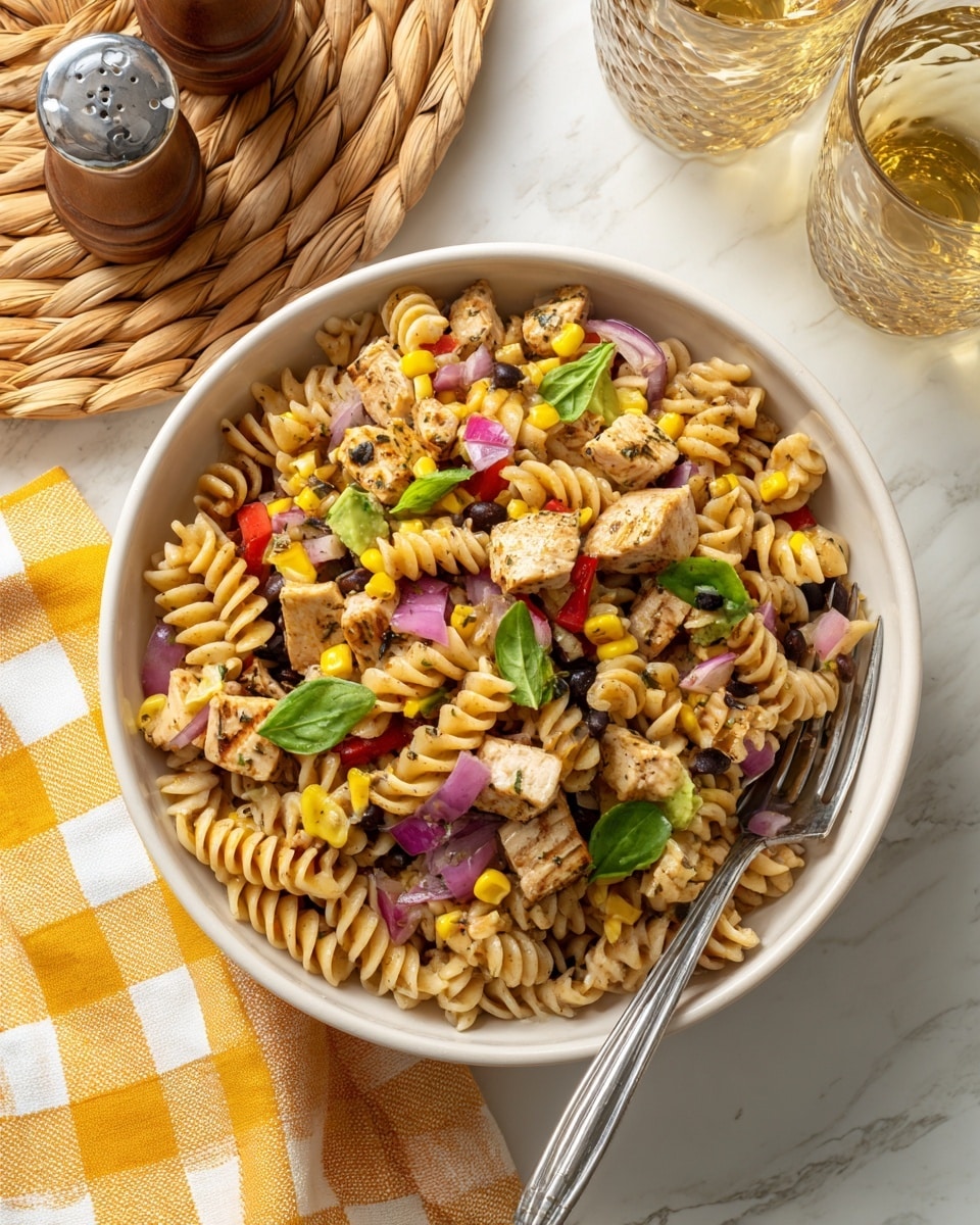 A deep white bowl filled with four main layers: the bottom layer is spiraled pasta in a light golden color; above it, there are scattered pieces of grilled chicken strips with a slightly browned texture; next, there are chunks of bright yellow grilled corn and creamy green avocado cubes mixed with black beans adding a dark contrast; the top layer has small diced purple-red onions and a few fresh green cilantro leaves spread evenly. A silver fork with a white handle rests inside the bowl. The bowl sits on a white marbled surface next to a yellow and white checked cloth, with a clear glass partially visible, and a small white bowl with more cilantro in the background. Photo taken with an iphone --ar 4:5 --v 7