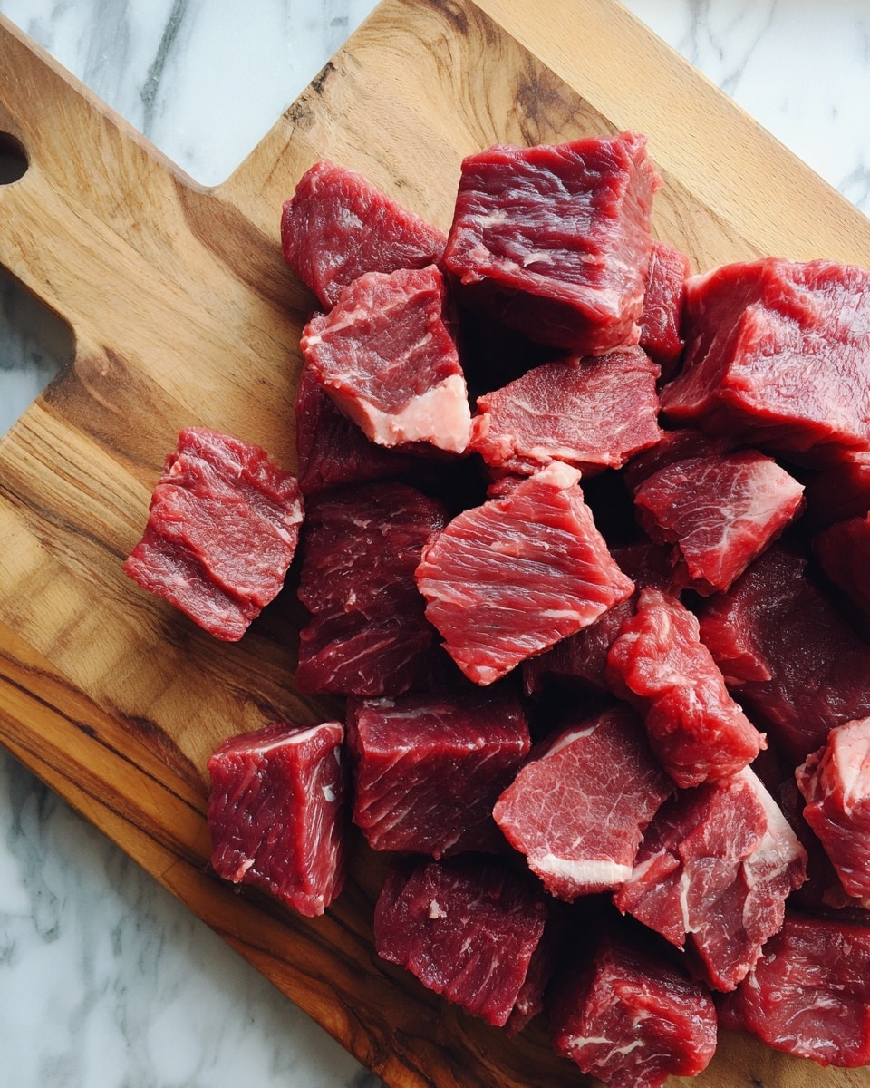 Raw beef is cut into many square pieces and spread unevenly on a wooden board with a natural light brown color and visible grain patterns. Each piece shows a mix of deep red meat and small areas of light pink fat. In the top left corner. The whole scene sits on a white marbled surface. photo taken with an iphone --ar 4:5 --v 7