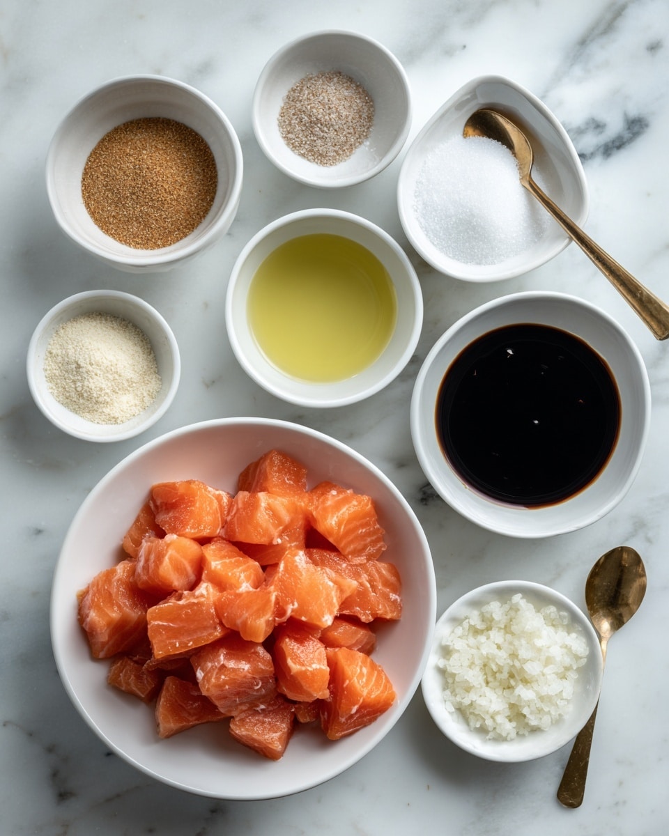 The image shows a flat lay of several white bowls on a white marbled surface, each bowl containing different ingredients. At the bottom center, a large white bowl holds bright orange chopped salmon pieces with visible marbling. To the top right, a smaller white bowl contains a dark glossy liquid labeled teriyaki sauce, with a brass spoon resting beside it. Above that bowl is another small white bowl filled with a light golden liquid labeled olive oil. To the left, five smaller white bowls hold dry ingredients: one with light brown granulated brown sugar, one with finely minced pale yellow ginger, one with white cornstarch powder, and one divided into four segments containing beige garlic powder, off-white onion powder, white salt, and black pepper. The bowls are neatly arranged and labeled, creating a clean and organized presentation. Photo taken with an iphone --ar 4:5 --v 7