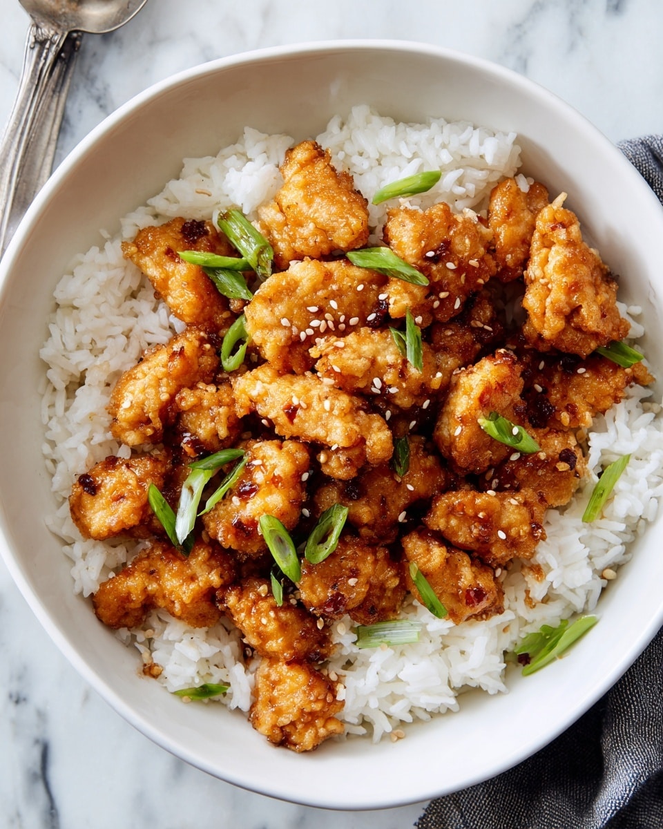 A white bowl filled with a bottom layer of white, fluffy rice topped with small golden-brown cooked chicken pieces that look crispy and seasoned. The chicken pieces are sprinkled with thin, round, green slices of scallions and a few white sesame seeds. The bowl sits on a white marbled surface, and part of a metal kitchen tool is visible near the top of the image. Photo taken with an iphone --ar 4:5 --v 7