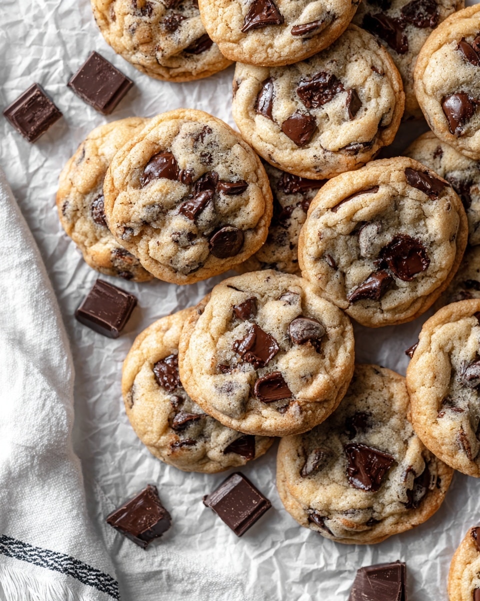 A close-up view of many soft chocolate chip cookies spread out on crumpled white parchment paper with small chunks of dark chocolate scattered around. The cookies are light golden brown with darker brown chocolate chips, showing a slightly shiny and textured surface that looks soft and chewy. Part of a white cloth with blue trim is seen in the corner, and the whole scene is set on a white marbled surface. photo taken with an iphone --ar 4:5 --v 7