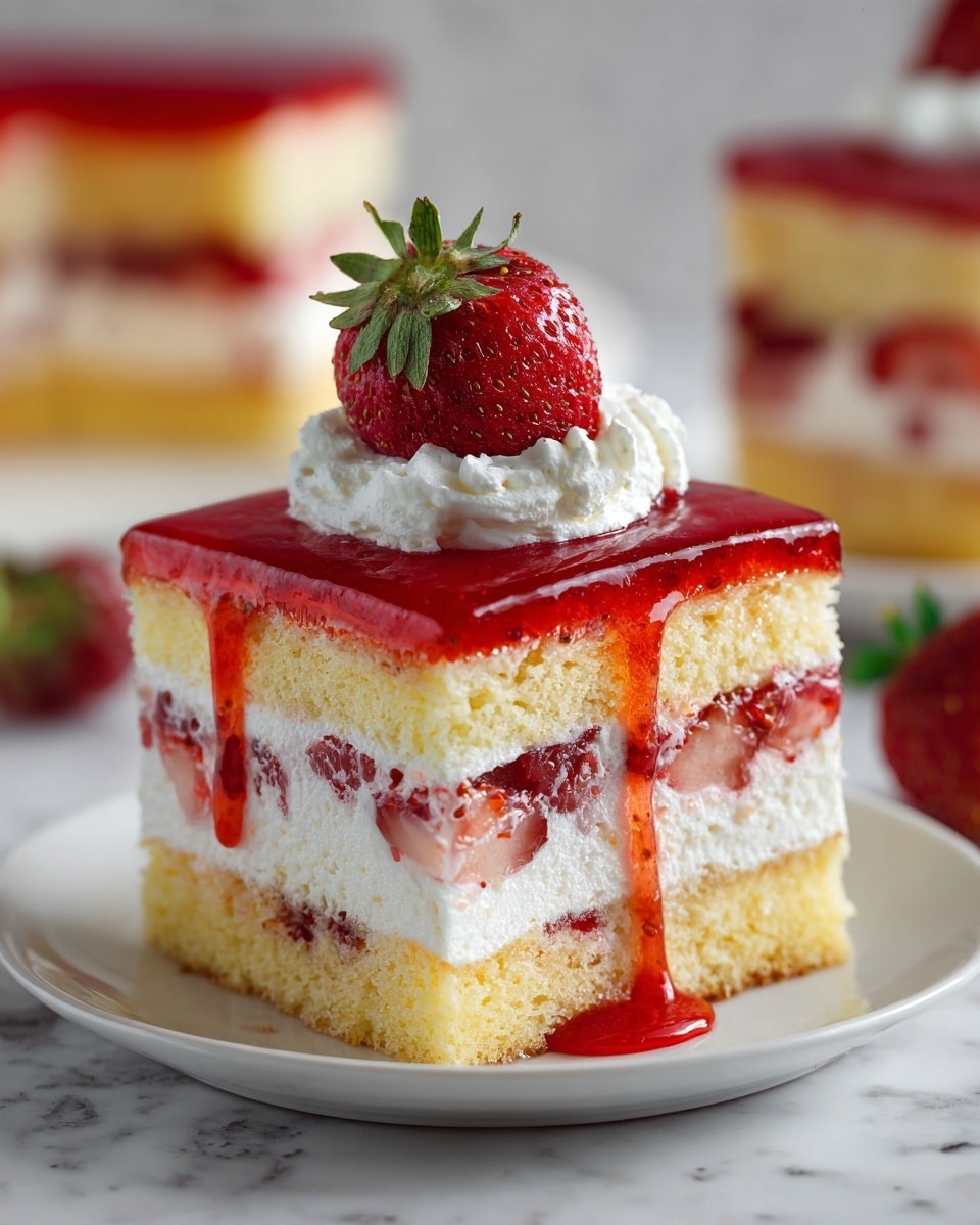 This image shows a square piece of cake with four layers on a white plate over a white marbled surface. The bottom layer is light yellow sponge cake with a thick white cream layer above. Next, there is a thin layer of red strawberry jam mixed with small pieces of strawberries. Above that is another thick white cream layer, topped with a light yellow sponge cake with scattered bits of strawberries. The top layer is a glossy red strawberry jelly with a fresh whole strawberry placed in the center. Strawberry syrup is dripping down the sides of the cake. In the background, there is a blurred view of another piece of the same cake. photo taken with an iphone --ar 4:5 --v 7