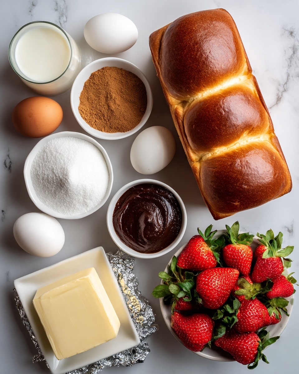 The image shows a top view of various ingredients arranged on a white marbled surface. On the right side, there is a large loaf of brioche bread with a shiny, golden brown crust and soft, fluffy interior. To the right bottom corner, fresh red strawberries with green leaves fill a white bowl. Near the bread, there is a small white bowl holding a thick, dark vanilla paste. On the left side, a small white bowl contains a mound of light brown cinnamon powder. Next to it, another white bowl holds white sugar. A white bowl below contains a square piece of pale yellow butter. Two white eggs are placed near the bottom left corner. A clear measuring cup filled with white milk is visible toward the center bottom, and in the lower left corner, a foil-wrapped block of cream cheese rests on the surface. photo taken with an iphone --ar 4:5 --v 7
