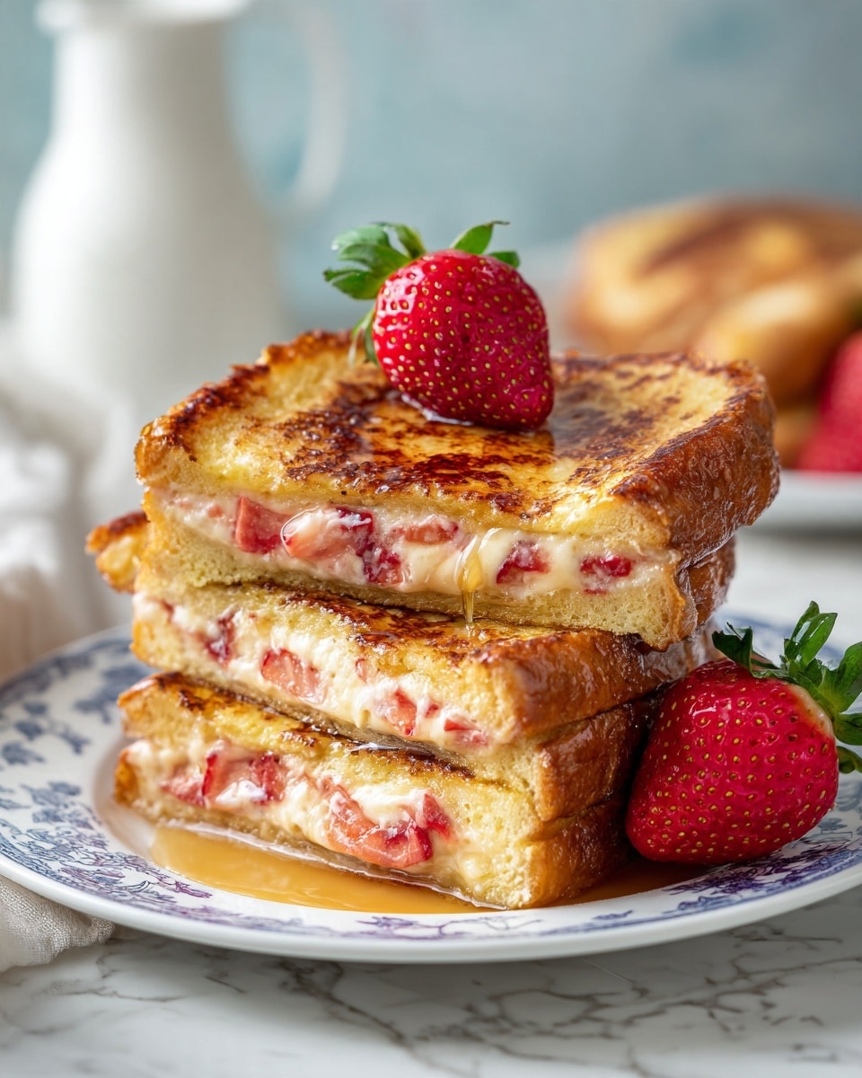 A close-up view of a stack of two thick golden-brown French toast slices with a creamy white filling mixed with small red pieces visible between the slices. The top slice is tilted slightly backward, showing the creamy filling clearly, and topped with a single halved ripe strawberry with green leaves on top. The toasts are placed on a white plate decorated with blue floral patterns, set on a surface with white marbled texture. In the blurred background, there is a white ceramic jug with flowers and another plate with more food visible. Photo taken with an iphone --ar 4:5 --v 7
