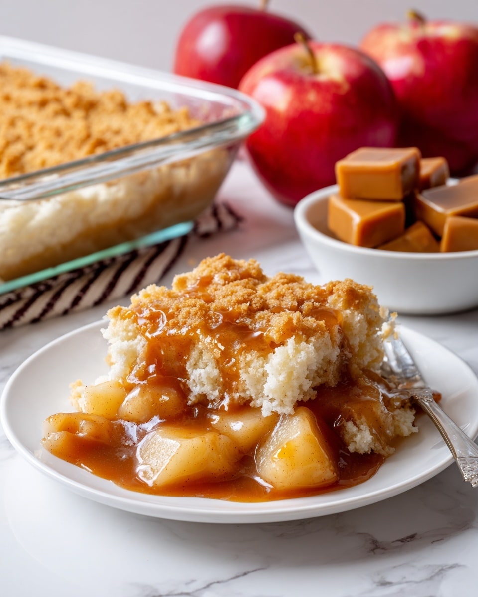 A white plate holds a serving of apple cobbler with three visible layers: the bottom layer is soft, light golden cooked apple pieces with a glossy syrup, the middle layer is a thick, sticky, medium brown caramel sauce spreading out unevenly, and the top layer is a crumbly, golden yellow biscuit crust with some slightly darker baked spots. The plate is on a white marbled surface with a clear glass baking dish with more cobbler in the background to the left, two red apples behind the plate, and a white bowl filled with caramel squares to the right. Photo taken with an iphone --ar 4:5 --v 7