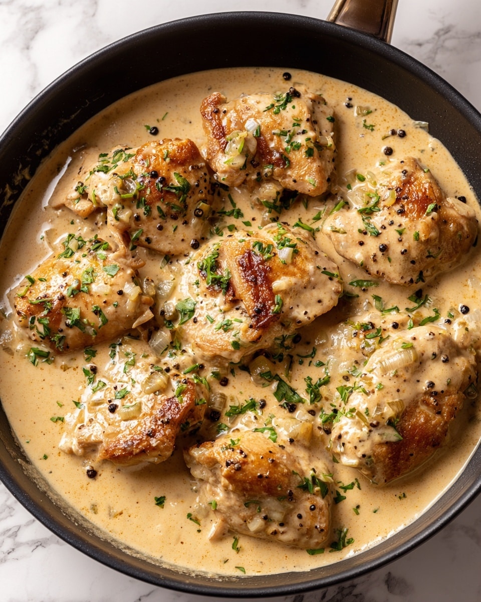 The image shows a close-up of cooked chicken pieces in a creamy beige sauce with a smooth, glossy texture. The chicken pieces are light brown with some darker browned spots, topped with small black peppercorns and bits of finely chopped onions. The sauce surrounds the chicken evenly, with a slightly thick consistency, and has visible small specks of seasoning. The dish is served in a black pan on a white marbled surface. Photo taken with an iphone --ar 4:5 --v 7