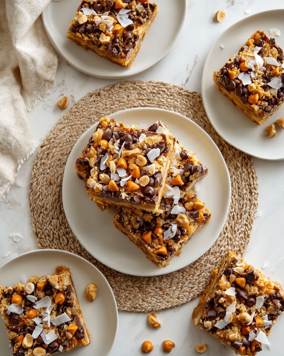 The image shows several square nut and chocolate bars arranged on three white plates on a white marbled surface. Each bar has a base layer of a golden brown chewy crust, topped with a thick, uneven layer of mixed textures including dark brown chocolate chips, light orange butterscotch chips, chopped nuts, and shredded white coconut. Some chips and nuts are scattered loosely around the plates. One plate in the center holds the most bars, stacked closely, while smaller plates with fewer bars sit nearby. The plates are placed on and around a beige woven mat. photo taken with an iphone --ar 4:5 --v 7