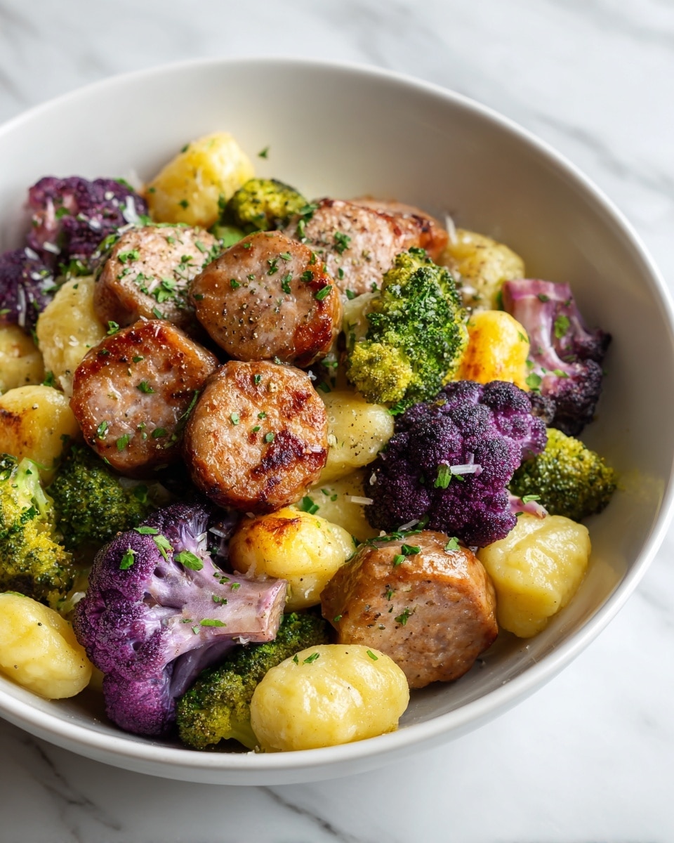 The dish shows a white bowl filled with three main layers: at the bottom, light yellow gnocchi scattered around, soft in texture; above that, round slices of browned sausage with a slightly crispy outer edge, placed in the foreground; and mixed vegetables in the background featuring green broccoli florets, yellow cauliflower pieces, and purple cauliflower clusters, all with a slight char and fresh green herb sprinkles. The bowl rests on a white marbled surface. Photo taken with an iphone --ar 4:5 --v 7