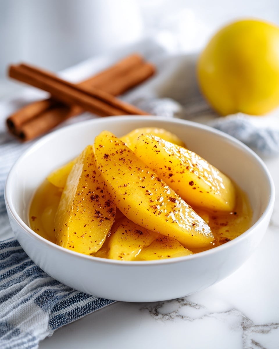 A white bowl filled with cooked apple wedges covered in a thick, shiny, warm yellow sauce speckled with tiny brown cinnamon dots. The apple wedges are stacked in three uneven layers, showing a smooth, soft texture from the syrup. Behind the bowl, there are cinnamon sticks placed casually on a white marbled surface, and a blurred yellow fruit is also visible, adding depth to the image. The setting includes a white and blue striped cloth beneath the bowl. Photo taken with an iphone --ar 4:5 --v 7
