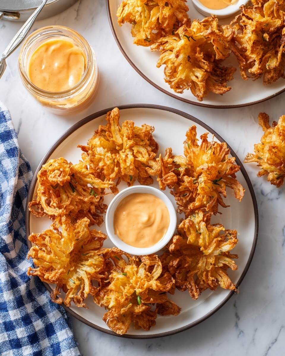 Two white plates with dark rims hold crispy, golden brown onion blossoms arranged like flowers. Each blossom has many torn layers of deep-fried onion petals with an uneven, crunchy texture. In the center of each plate is a small white cup filled with creamy orange dipping sauce. The plates sit on a white marbled surface. A glass jar with the same sauce is nearby, along with a blue and white checkered cloth. Part of a metal pot handle is visible at the top left. photo taken with an iphone --ar 4:5 --v 7