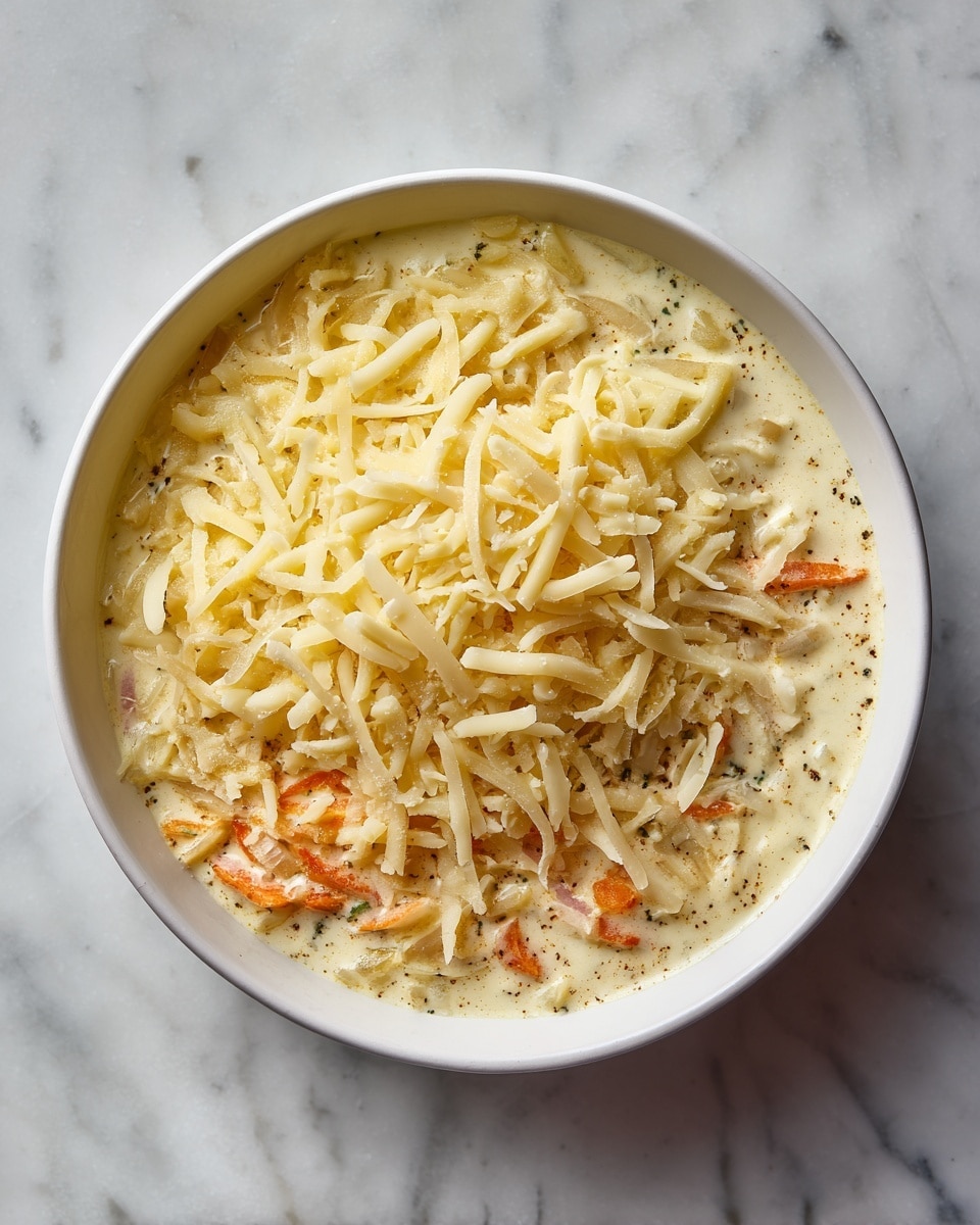 The dish is in a white bowl with a creamy sauce base, light beige in color with visible small chunks inside. On top, there is a generous pile of shredded cheese, pale yellow and slightly textured, sitting mostly to one side, with some thin sliced bits mixed into the creamy sauce layer below. The creamy layer also shows small pieces of orange and white, likely vegetables, mixed evenly. The background and surface under the bowl have a white marbled texture. photo taken with an iphone --ar 4:5 --v 7