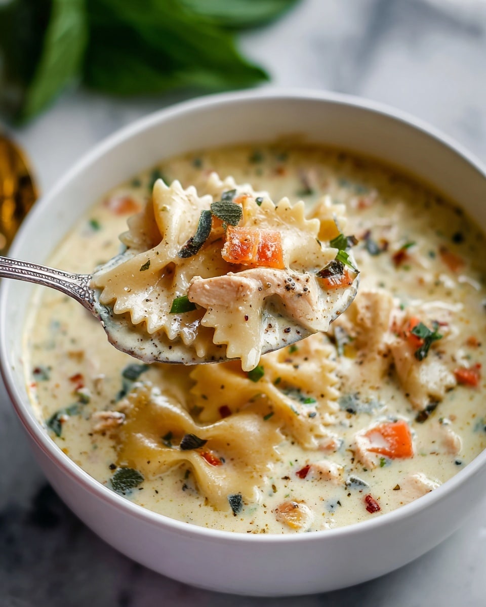 A close-up view of creamy soup with three layers visible in a white bowl. The bottom layer is smooth and light creamy with tiny green and black specks. The middle layer has pieces of orange carrot and small green herbs scattered throughout. The top layer consists of farfalle pasta with a pale creamy color mixed with small chunks of white meat and bright green herb bits. A shiny silver spoon is lifting a portion of the soup, showing the thick, creamy texture with the pasta and herbs clearly visible. The background is a white marbled surface and a blurred green herb leaf can be seen in the distance. photo taken with an iphone --ar 4:5 --v 7