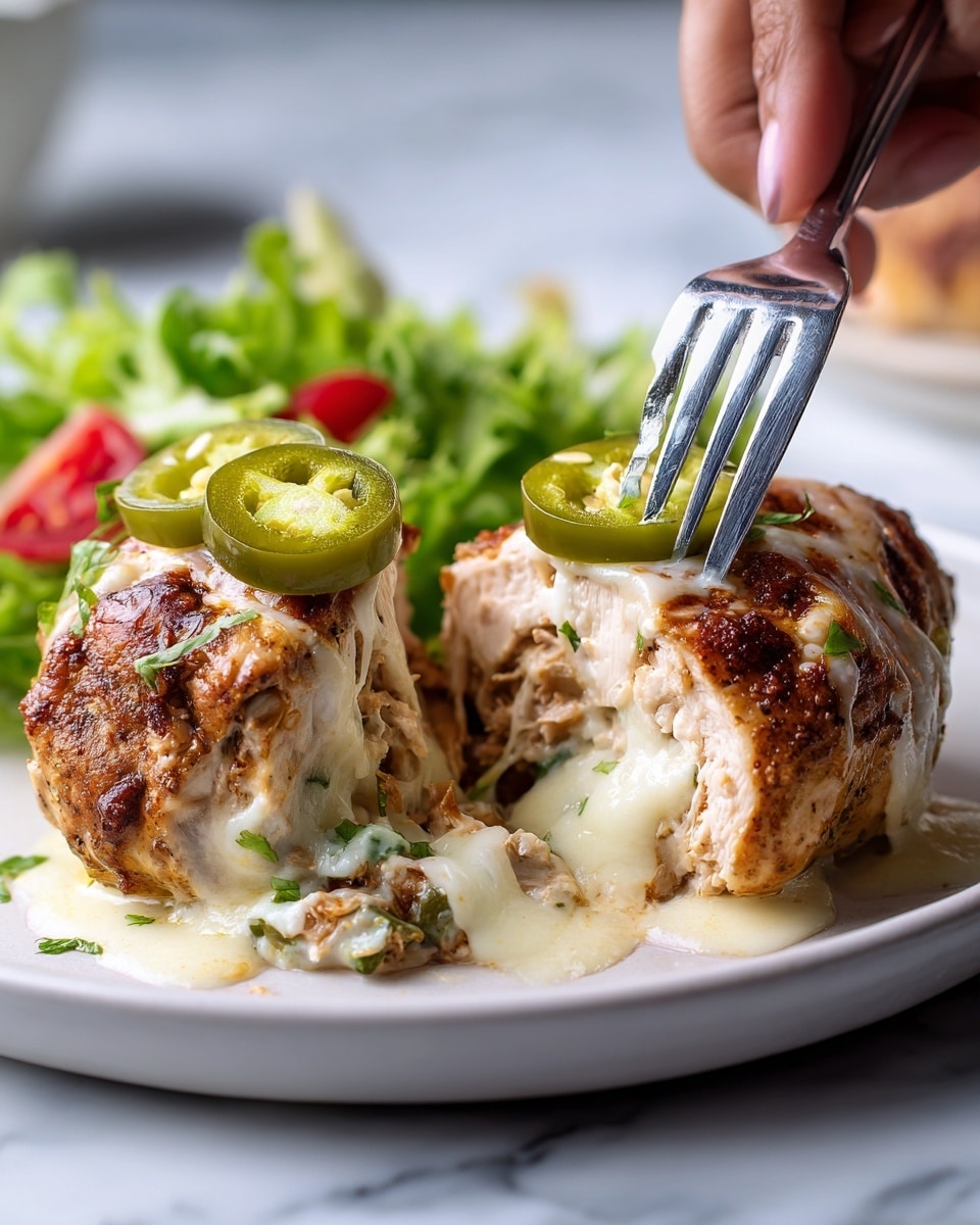 The image shows two pieces of cooked chicken on a white plate with a white marbled surface background. Each chicken piece is thick, browned on the outside, and stuffed with a creamy filling that includes finely chopped green peppers. The creamy filling is soft and oozing out from the center. On top of each chicken piece are slices of green jalapeño peppers. A woman's hand is holding a silver fork that is pressing down on the chicken piece in front. In the background, there is a side of fresh green salad with leafy greens and small bits of red tomato, slightly blurred. photo taken with an iphone --ar 4:5 --v 7