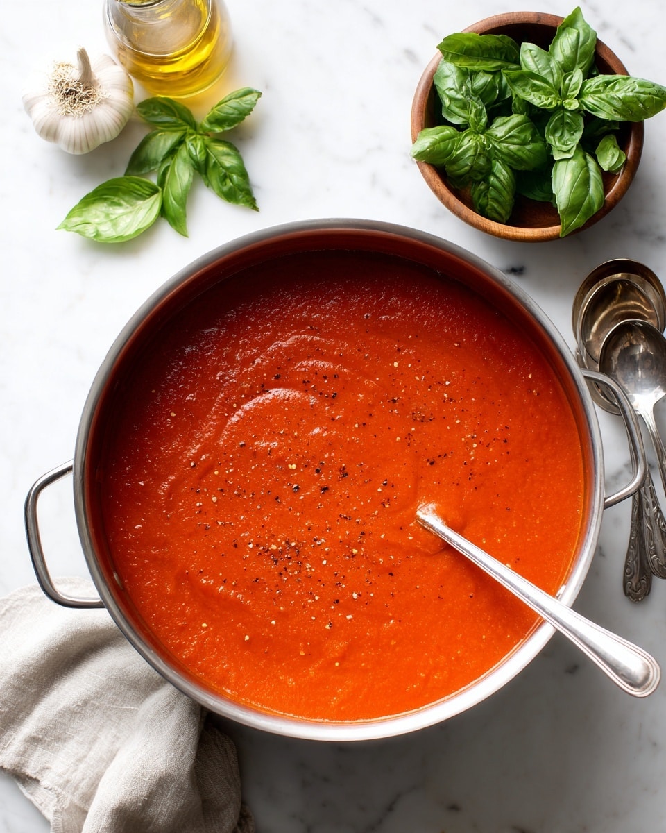 A large pot filled with smooth, bright red tomato sauce with small specks of seasoning is at the bottom center of the image, with a silver ladle partially dipped in the sauce. Above the pot, a small wooden bowl holds several fresh, dark green basil leaves, with some loose basil leaves around it on a white marbled surface. To the top left, a whole garlic bulb and a glass bottle of olive oil are visible. On the right side of the frame, two shiny silver spoons rest inside a white bowl, which sits on the white marbled surface photo taken with an iphone --ar 4:5 --v 7