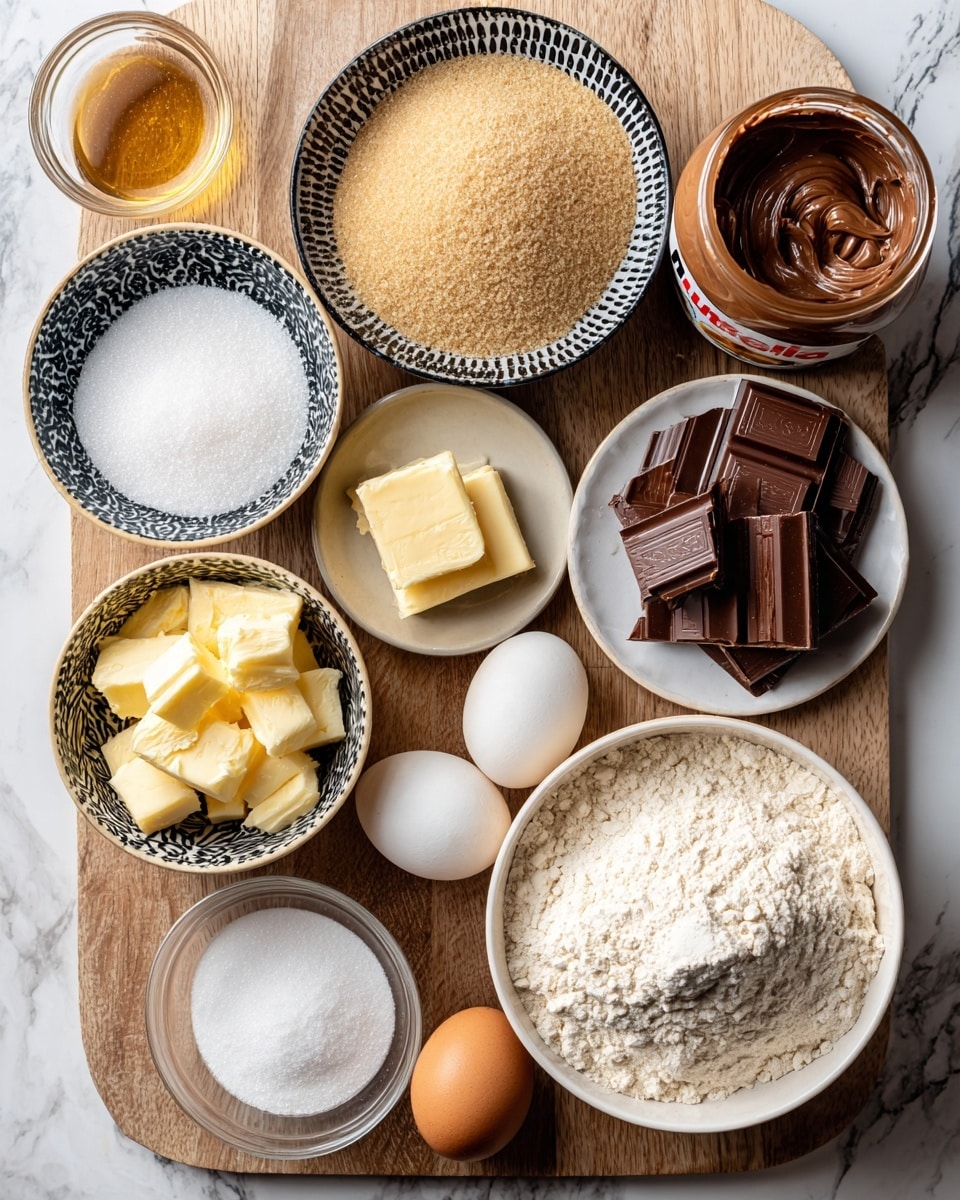 The image shows several ingredients placed on a wooden surface arranged neatly. There is a small white bowl with black patterns holding granulated sugar, next to it is a similar patterned bowl filled with light brown sugar. Below these, another patterned bowl contains chunks of salted butter. Toward the center is a small clear glass bowl with white cornstarch. To the right lies a clear jar of Nutella with the lid on. A white plate holds pieces of semisweet chocolate. Near the bottom are two small clear glass bowls, one with baking soda and one with baking powder. A large white bowl contains all-purpose flour, and to its right is a small clear bowl with vanilla extract. Near the butter is a small clear bowl holding eggs. The background is changed to a white marbled texture. photo taken with an iphone --ar 4:5 --v 7