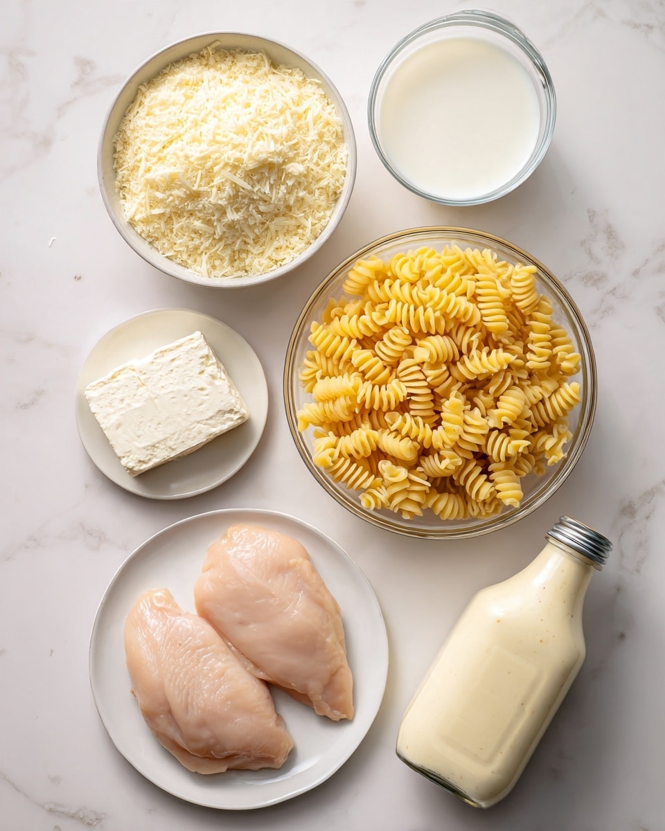 The image shows six key ingredients for a pasta dish arranged neatly on a white marbled surface. At the top center, there is a small white bowl filled with fine, grated parmesan cheese, pale yellow in color and fluffy in texture. Below this is a clear glass bowl full of dry, bright yellow rotini pasta with spiral shapes. To the left, a small white plate holds a white block of cream cheese with a smooth surface. Below that, a clear measuring cup contains white milk with a smooth liquid texture. At the bottom left, a round white plate holds two smooth, pale pinkish boneless skinless chicken breast pieces. On the bottom right, there is a bottle of creamy parmesan garlic sauce with a light beige sauce color and a black and yellow label. The setup is clean and bright, well spaced on the white marbled surface. Photo taken with an iphone --ar 4:5 --v 7