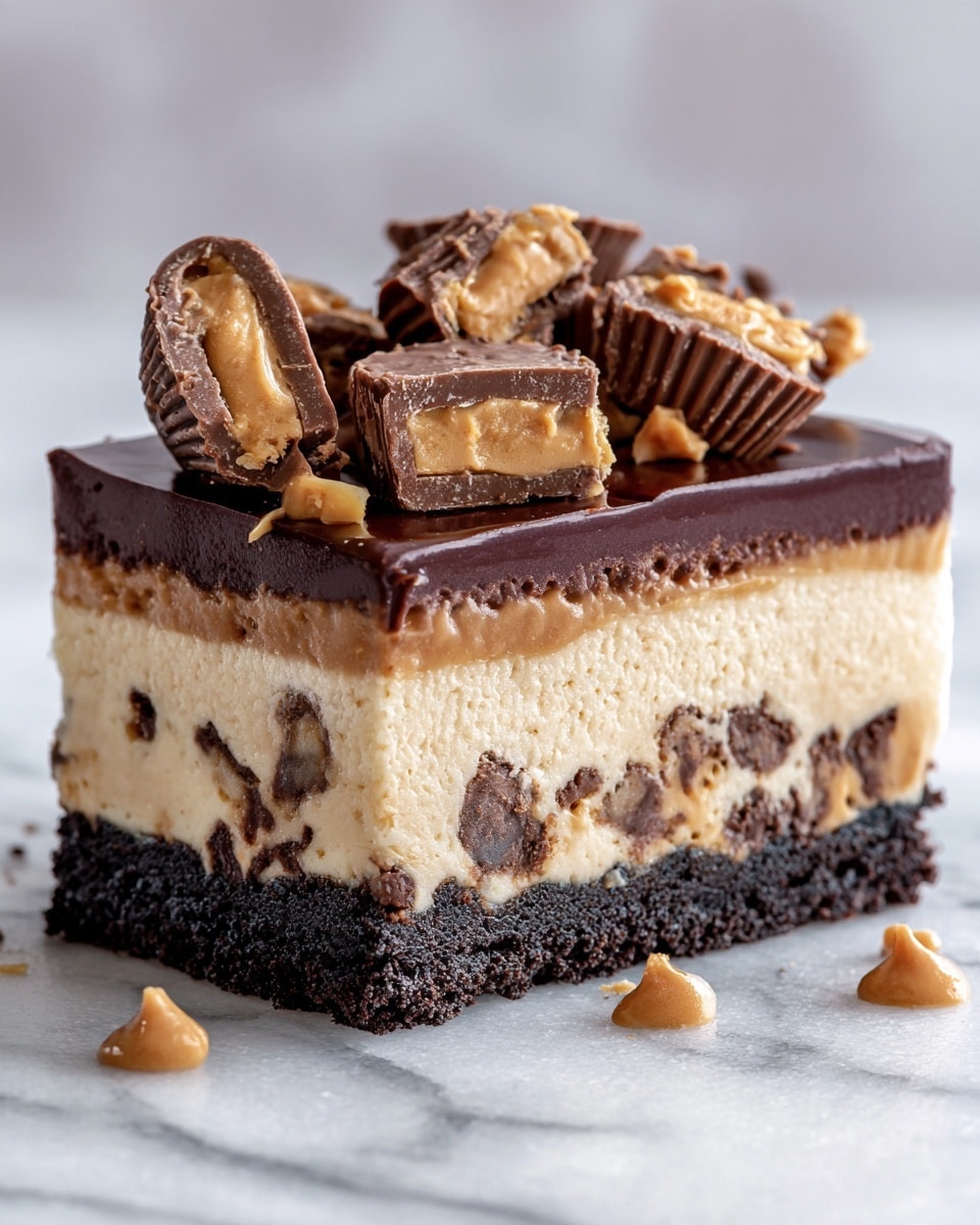 This image shows a close-up side view of a three-layer dessert slice on a white marbled surface. The bottom layer is dark brown and crumbly, looking like a cookie crust. The middle layer is thick, smooth, and creamy light brown with chunks of chocolate or candy pieces inside. The top layer is a thin, glossy dark chocolate glaze. On top, there are many broken pieces of chocolate cups with peanut butter filling. The background is soft and blurred, focusing on the dessert slice. photo taken with an iphone --ar 4:5 --v 7