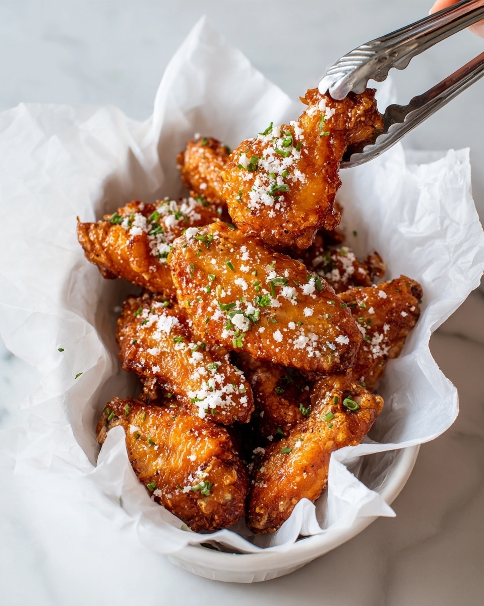 A white basket lined with crumpled white parchment paper holds several pieces of golden brown fried chicken wings topped with a sprinkle of white grated cheese and small green herb bits. The chicken skin looks crispy with a textured surface, and the basket is placed on a white marbled texture background. In the corner, a woman's hand holds a metal tong picking up one of the chicken pieces. photo taken with an iphone --ar 4:5 --v 7