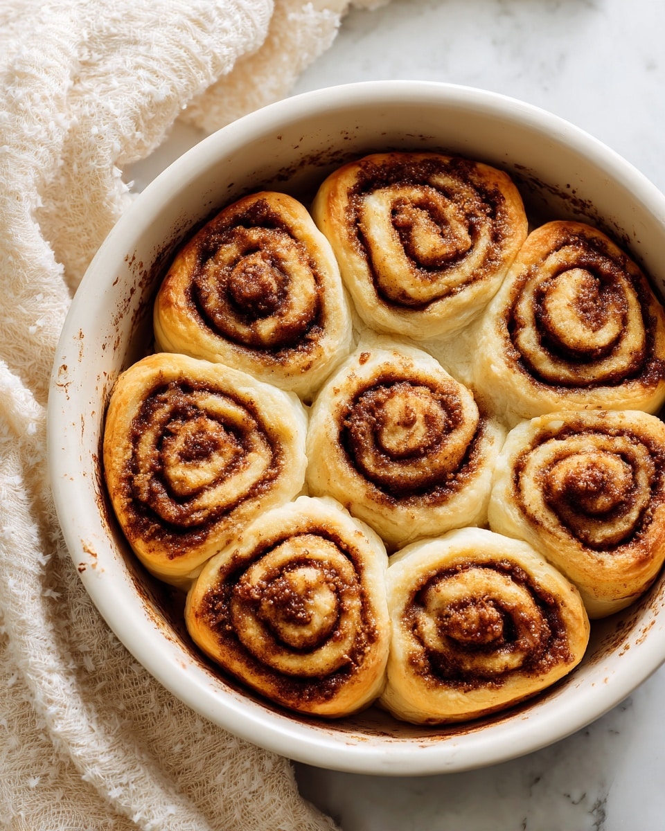 The image shows a round baking pan filled with eight cinnamon rolls arranged in a circular pattern, touching each other. The rolls are light golden-brown with darker brown cinnamon swirls visible on the tops, creating a textured and slightly rough surface. The pan is white on the inside, with some batter residue on the edges, and the background has a white marbled texture. photo taken with an iphone --ar 4:5 --v 7
