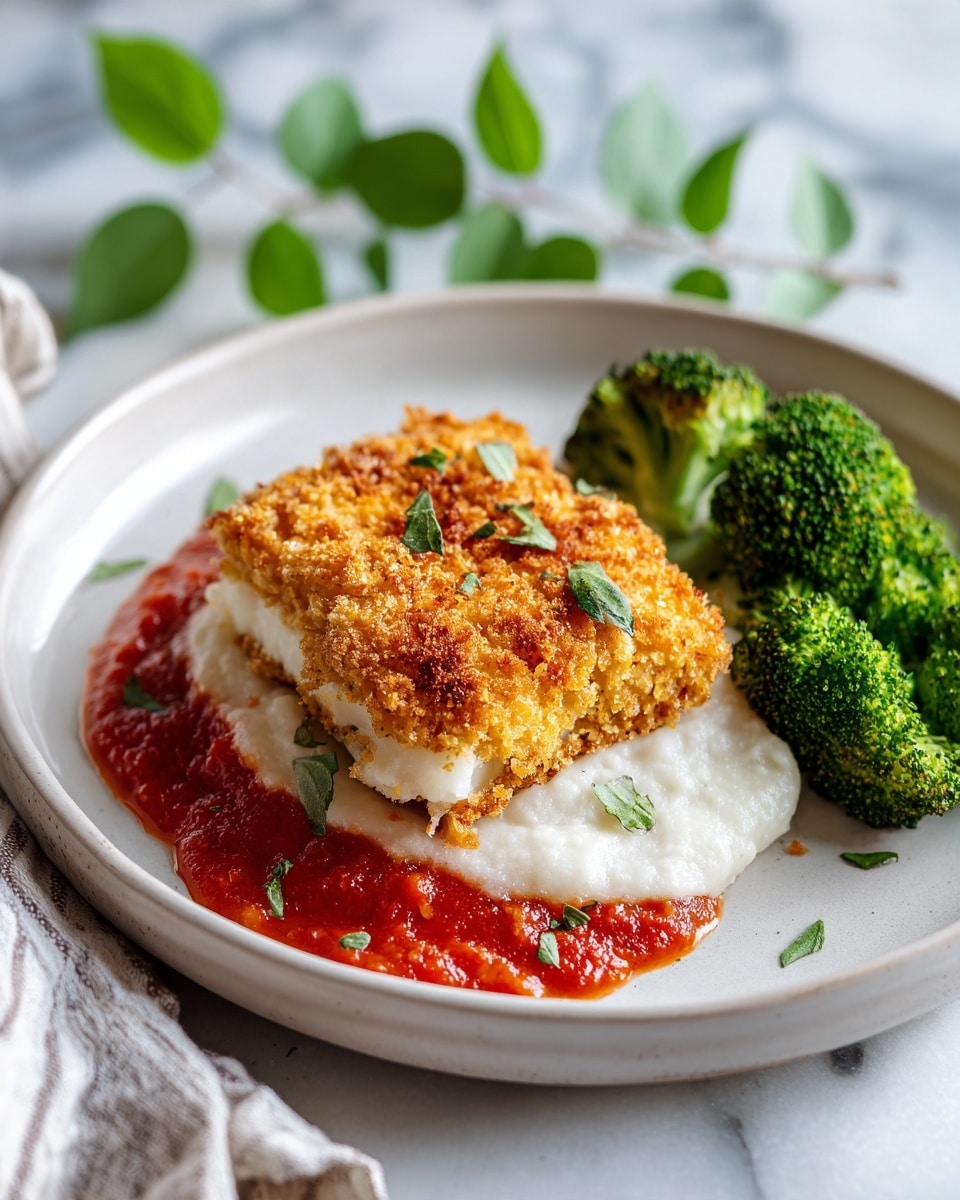 A white plate on a white marbled surface shows a meal with three main parts: a layer of bright red tomato sauce at the bottom, on top of this sits a golden brown, crispy breaded piece with a rough texture; under the breaded layer there is a smooth, creamy white layer that looks like mashed potatoes, and to the side of this main portion, there are bright green steamed broccoli florets with small water droplets giving a fresh look; the plate is mostly filled by the tomato sauce and breaded piece, with broccoli grouped on one side, and in the foreground, there is a soft striped cloth and some green leaves for decoration, photo taken with an iphone --ar 4:5 --v 7