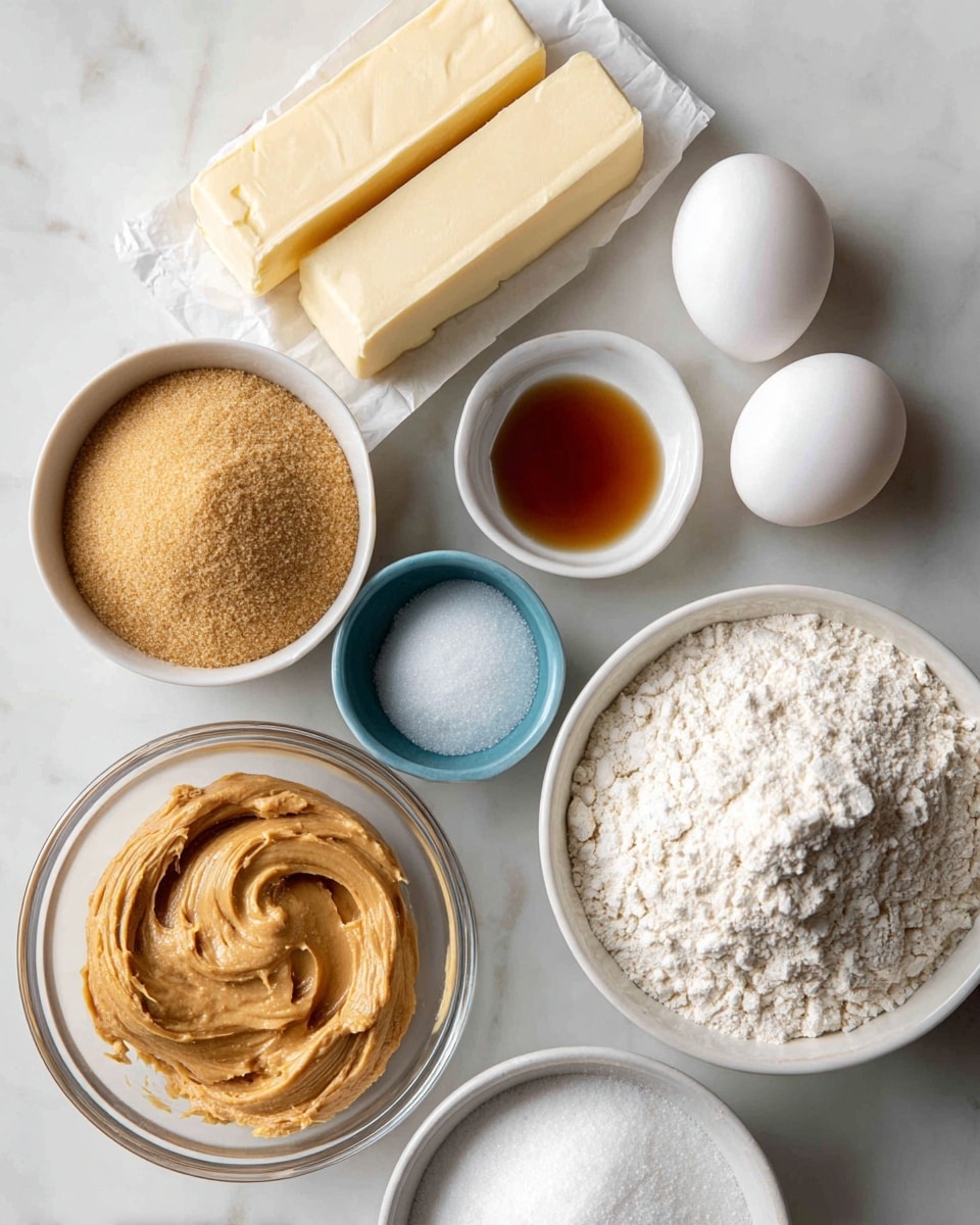 The image shows an arrangement of baking ingredients on a white marbled surface. There are two sticks of salted butter wrapped in paper, placed near the top middle. Below that, two white eggs sit side by side. To their right, a small white bowl holds golden-brown vanilla extract. Next to it, a small blue bowl contains white baking soda. On the left side, there’s a medium clear glass bowl filled with light brown sugar, with a larger clear glass bowl below it holding creamy peanut butter in a thick, smooth texture and light brown color. Lastly, a white bowl at the bottom left contains all-purpose flour with a soft powdery texture, and to its right, a white bowl filled with white granulated sugar completes the set. Photo taken with an iphone --ar 4:5 --v 7