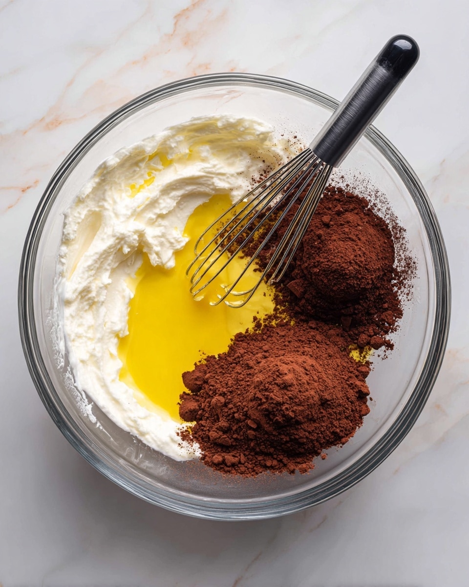 A clear glass bowl sits on a white marbled surface, containing several ingredients before mixing: there is one layer of white creamy liquid on the left, next to bright yellow melted butter near the center, and two scoops of dark brown cocoa powder on the right, one larger and one smaller with a slightly crumbly texture. A black-handled metal whisk stands in the middle of the bowl, its wires touching the cocoa powder and creamy layers. The photo is taken from above, showing the natural light and wooden texture beneath the glass bowl photo taken with an iphone --ar 4:5 --v 7