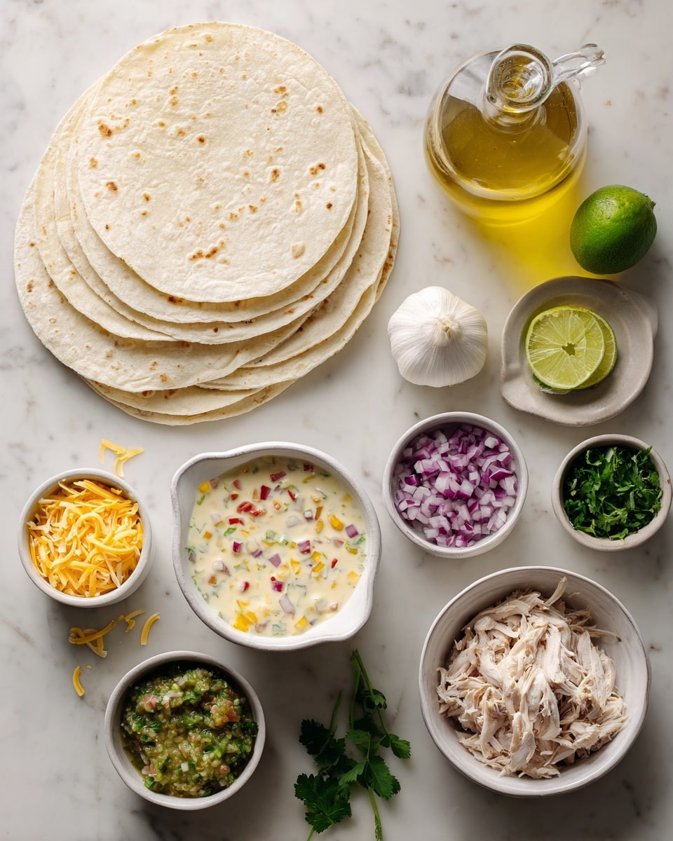 The image shows a white marbled surface with several white bowls and items arranged neatly. Five light beige round tortillas are stacked on the top left. Below the tortillas is a white ceramic measuring cup filled with a creamy sauce mixed with small pieces of red, green, and yellow vegetables. To the right of the measuring cup, there is a small white bowl with chopped red onions and another small white bowl with chopped green peppers. Above the chopped vegetables, a bottle of yellow olive oil, a bulb of white garlic, and a halved green lime are placed. Near the bottom right, a white bowl contains shredded cooked chicken, and just below it to the left, another white bowl is filled with shredded cheese. A small bowl of green salsa is near the center bottom. A small sprig of fresh cilantro is on the bottom right. The photo taken with an iphone --ar 4:5 --v 7