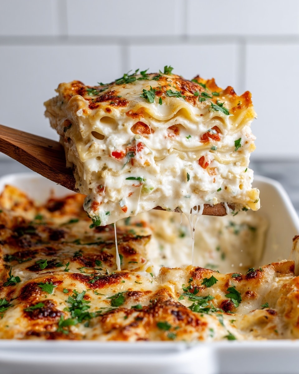 A close-up of a scoop of cheesy, creamy lasagna being lifted with a wooden spatula from a white baking dish, showing multiple layers of folded pasta with a smooth white cheese sauce mixed with small red and green vegetable pieces, topped with melted golden cheese and garnished with bits of fresh green herbs, all against a white marbled background and white tiled wall. photo taken with an iphone --ar 4:5 --v 7