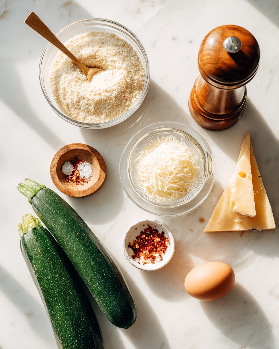 The image shows a white marbled surface with cooking ingredients arranged neatly. There are two green zucchinis placed side by side on the left side. At the top left, a clear glass bowl filled with a light beige powdery ingredient has a wooden spoon resting inside it. To the right of this bowl, there is a tall wooden pepper grinder. Below the grinder, another clear glass bowl contains white shredded flakes. Near the middle of the image, there is a small round wooden bowl with white salt arranged in a spiral pattern. Beneath the salt, a small white dish holds red chili flakes. To the right of the chili flakes, a small wedge of pale yellow cheese is placed. Finally, an orange-brown egg lies near the cheese on the right side. The lighting is bright, and the overall setting looks clean and fresh, photo taken with an iphone --ar 4:5 --v 7