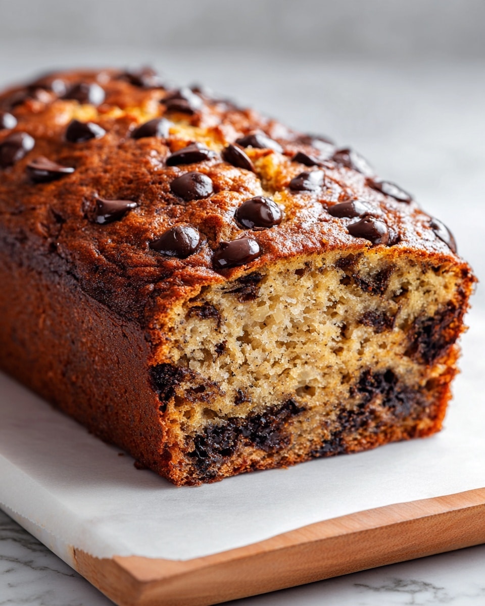 A close-up view of a piece of banana bread topped with shiny dark chocolate chips, showing its golden-brown crust with a bumpy, slightly crackled texture on top. The banana bread itself has a soft, light brown inside with scattered dark chocolate pieces throughout. The bread sits on a white tray with a smooth wooden look, placed on a white marbled texture surface in soft natural light, showing the warm, inviting colors of the bread. Photo taken with an iphone --ar 4:5 --v 7