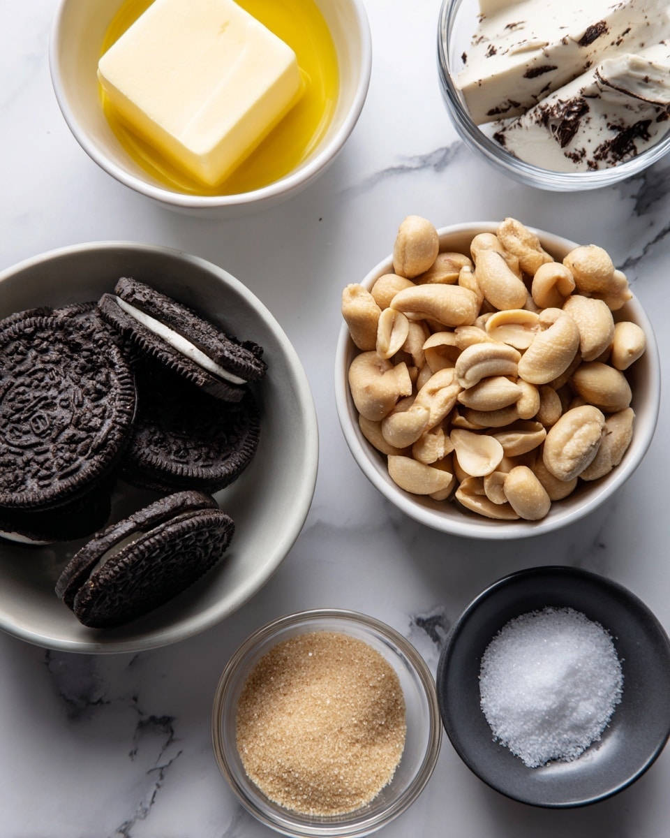 The image shows five small white bowls arranged on a white marbled surface, each containing different ingredients. One bowl near the top left has melted yellow butter. To the right, a bowl holds roasted unsalted peanuts that are light to dark brown and slightly cracked. Below them, a clear glass bowl is filled with whole Oreo sandwich cookies, showing dark brown, almost black, textured tops. On the bottom right, a small white bowl contains light brown sugar with a soft, crumbly texture. Next to it, a tiny dark bowl holds a small pile of white salt crystals. photo taken with an iphone --ar 4:5 --v 7