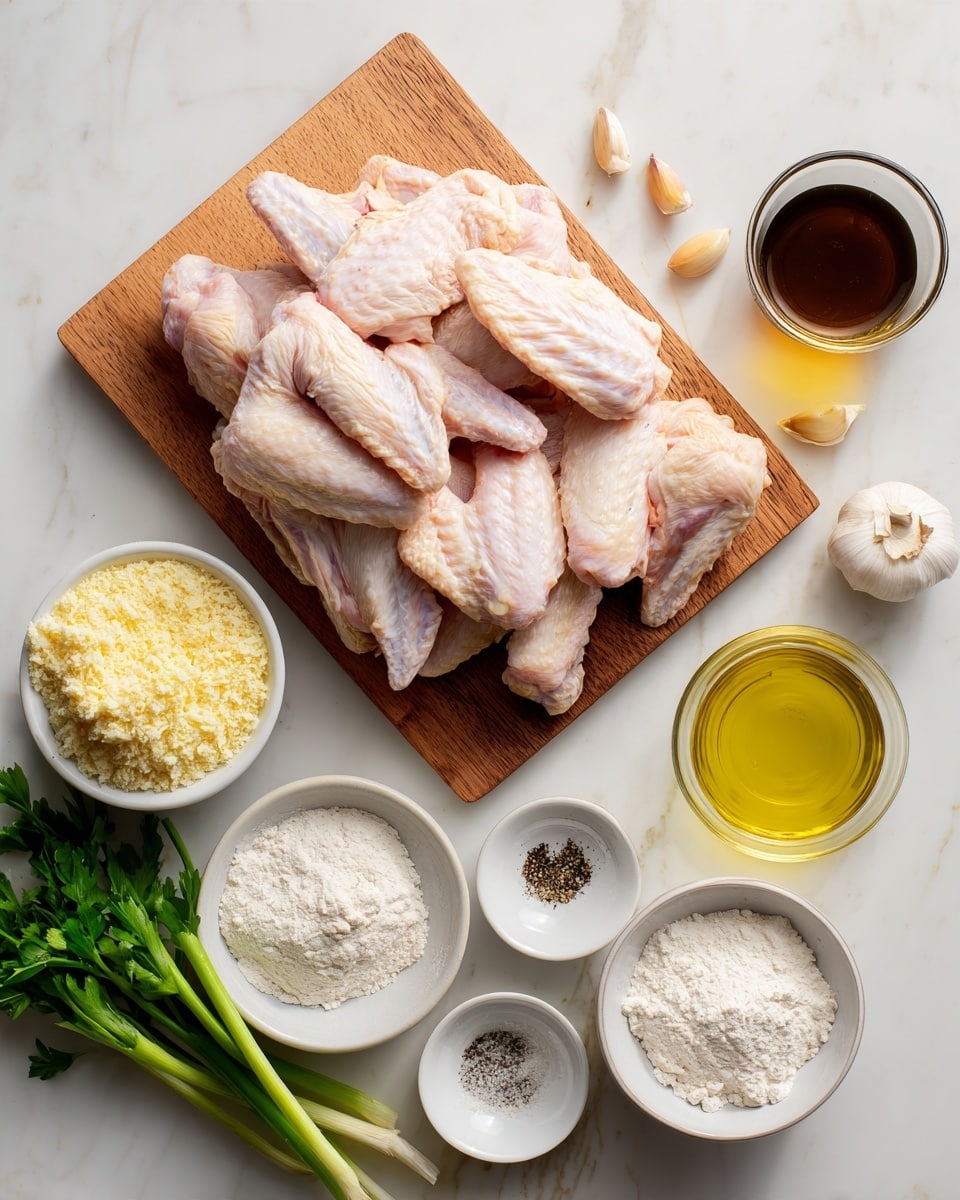 A wooden board filled with a layer of raw chicken wings showing pale pink skin and flesh, arranged closely together. Below the board on a white marbled surface are several small white bowls and dishes with different powders and ingredients: a bowl with crumbly light yellow parmesan cheese, a bowl with white flour, a bowl with white cornstarch, a small dish with black pepper, and another dish with white baking powder. There is a white garlic bulb next to a clear small cup filled with dark amber fish sauce and a clear small cup with golden olive oil. Also placed on the surface are some green parsley and green onions. The colors mainly show soft pink, white, light yellow, dark amber, golden, and green. The entire setup is viewed from above, bright and clear photo taken with an iphone --ar 4:5 --v 7