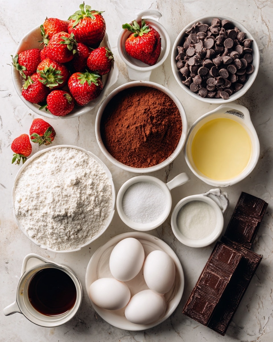 The image shows various baking ingredients arranged on a white marbled surface, each in separate white bowls or small white measuring cups. At the top left is a bowl of bright red strawberries with green leaves. Next to it on the right is a small white measuring cup filled with dark brown chocolate chips. Below to the left is a bowl filled with rich brown cocoa powder, and beside it a bowl with creamy yellow melted butter. Below them, several more bowls contain different ingredients: one with white flour mixed with some salt, one with white granulated sugar, and a bowl holding two large white eggs. There is a small white container of dark vanilla extract at the bottom. On the right side, there is a package of freeze-dried strawberries and a white plate with bars of dark semi-sweet chocolate. A small white measuring cup near the bottom left holds heavy cream, and an unopened can of sweetened condensed milk lies on the left side. The whole setup is neat and organized for baking. photo taken with an iphone --ar 4:5 --v 7