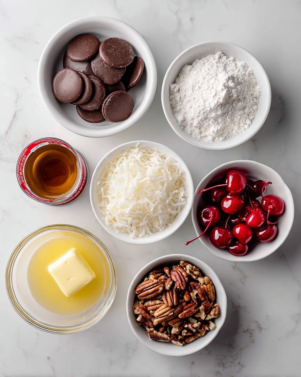 The image shows seven small white bowls and one can arranged on a white marbled surface, each filled with different ingredients. Starting from the top left, there is a white bowl filled with dark brown chocolate melting wafers, smooth and round. To the right, a white bowl with fine, snowy white powdered sugar. Below, a white bowl full of shredded coconut, light and fluffy in texture. To the right of the coconut, a small white bowl filled with bright red maraschino cherries with stems. Below the cherries, a small white bowl with chopped pecans, showing a mix of light brown and darker nut pieces. To the left of the pecans is a small glass bowl containing melted yellow butter with a glossy surface. On the left side of the image sits a red and white can of condensed milk, and above the cherries is a tiny white bowl with amber-colored vanilla extract. All items are neatly spaced and labeled with black text. Photo taken with an iphone --ar 4:5 --v 7