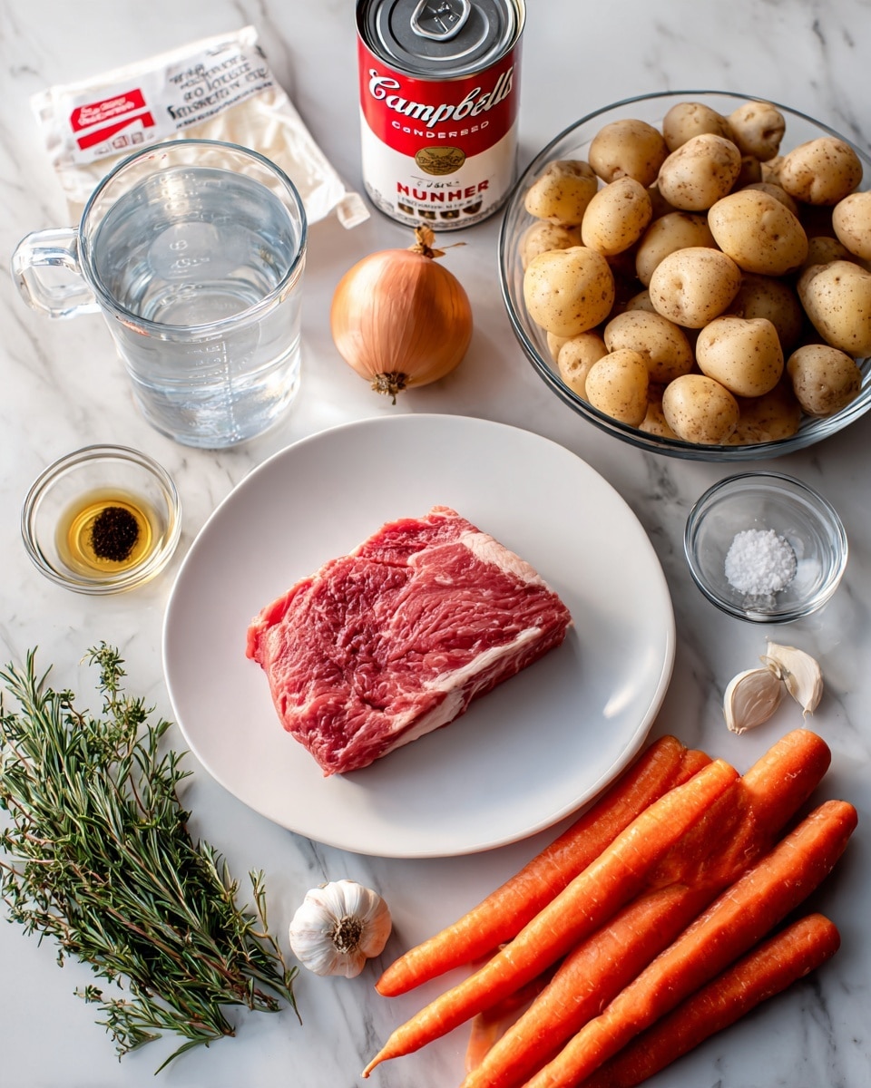 A white plate sits in the center holding a single thick raw piece of meat with pinkish-red color and some white fat on the edges. To the right of the plate is a clear glass bowl filled with many small light brown potatoes, and below it is a bunch of bright orange carrots lying on a white marbled surface. A brown onion and two cloves of garlic are placed near the carrots. Above the plate, there is a red and white can of Campbell’s Cream of Mushroom soup and a white packet. To the left of the plate, a clear glass measuring cup filled with water is present. Small clear bowls hold a black sauce, white powder, golden liquid, and seasoning with peppercorns. At the bottom left, fresh green herbs including rosemary and thyme lay on the white marbled surface. The photo taken with an iphone --ar 4:5 --v 7