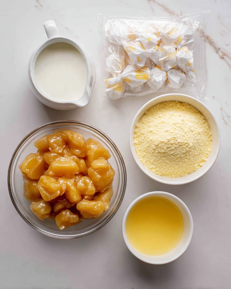 The image shows five ingredients arranged on a white marbled surface. In the top left, there is a small white pitcher with milk, smooth and white in color. Below it, a clear round bowl holds apple pie filling, with chunky, glossy pieces in a light golden syrup. In the middle is a sealed clear plastic bag filled with yellow cake mix, appearing powdery and pale yellow. To the top right, a white bowl is filled with wrapped Werther’s Original Chewy Caramels, the wrappers are white and golden. Below this, another small white pitcher contains melted butter with a rich yellow color and smooth texture. photo taken with an iphone --ar 4:5 --v 7