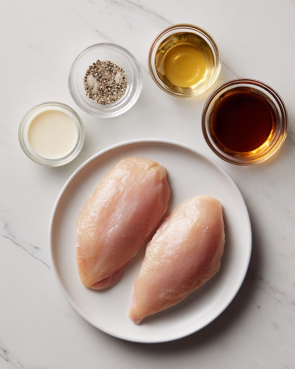 Two raw chicken pieces with a pale pink color and smooth texture lie side by side on a clean white plate placed on a white marbled surface. Around the plate, in small glass containers, are creamy white cream, dark brown beef stock or broth, light golden brandy or cognac, and a small bowl of black and white salt and pepper mix. The setup is neat and simple, with all items clearly visible. photo taken with an iphone --ar 4:5 --v 7